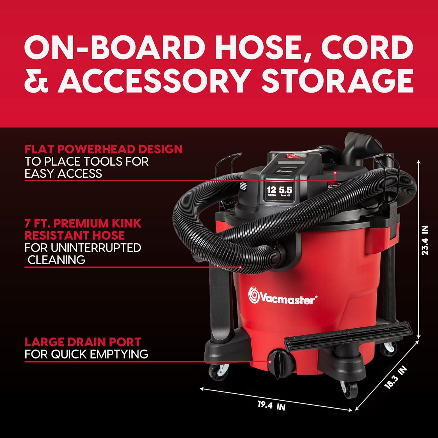 Vacmaster VJH1211PF 1101 12-Gal 5.5 Peak HP Heavy-Duty Wet/Dry Vac Red