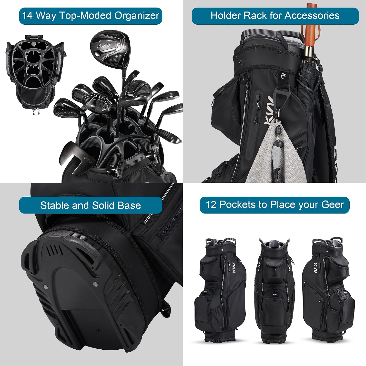 KVV Top-Moded Organizer Cart Bag, Premium Silent Golf Bag with Dual Handles, 14 Club Locking Slots for Men