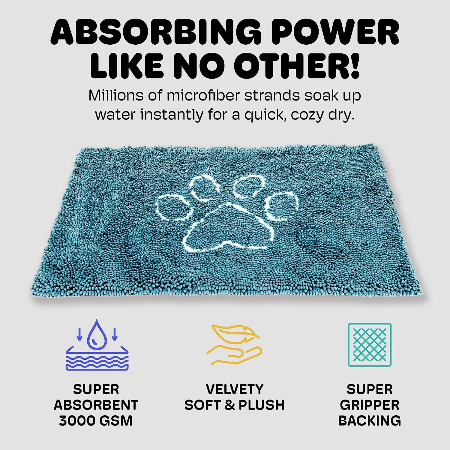 Dog Gone Smart Dirty Dog Doormat - Fast Drying Rug with Super Gripper Backing for Clean Floors - Super Absorbent and Machine Washable Mat for Muddy Paws - Grey