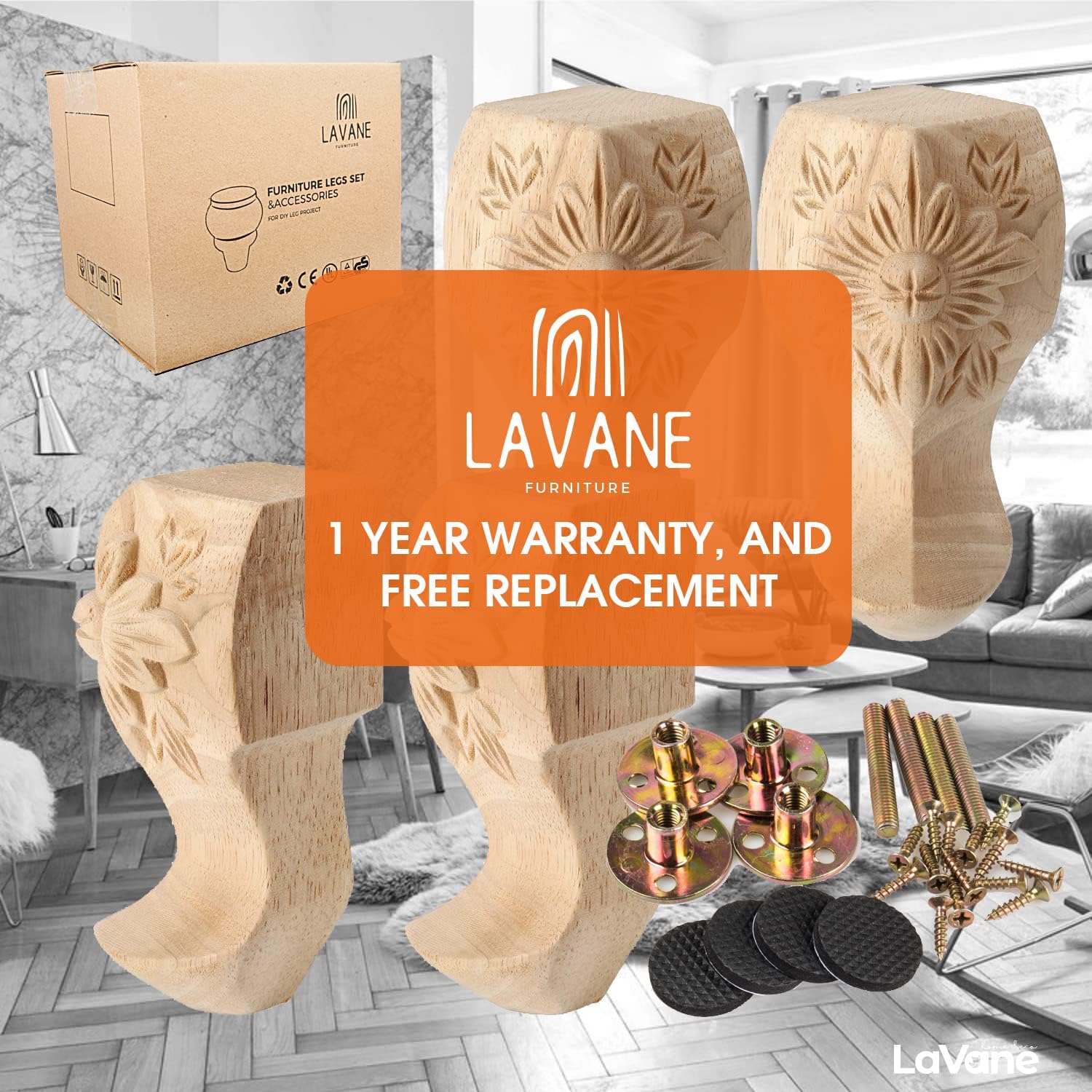 La Vane 6 inch / 15cm Wooden Furniture Legs, Set of 4 European Style Solid Wood Carving Furniture Replacement Feet Decoration for Sofa Cabinet Wardrobe Table Loveseat