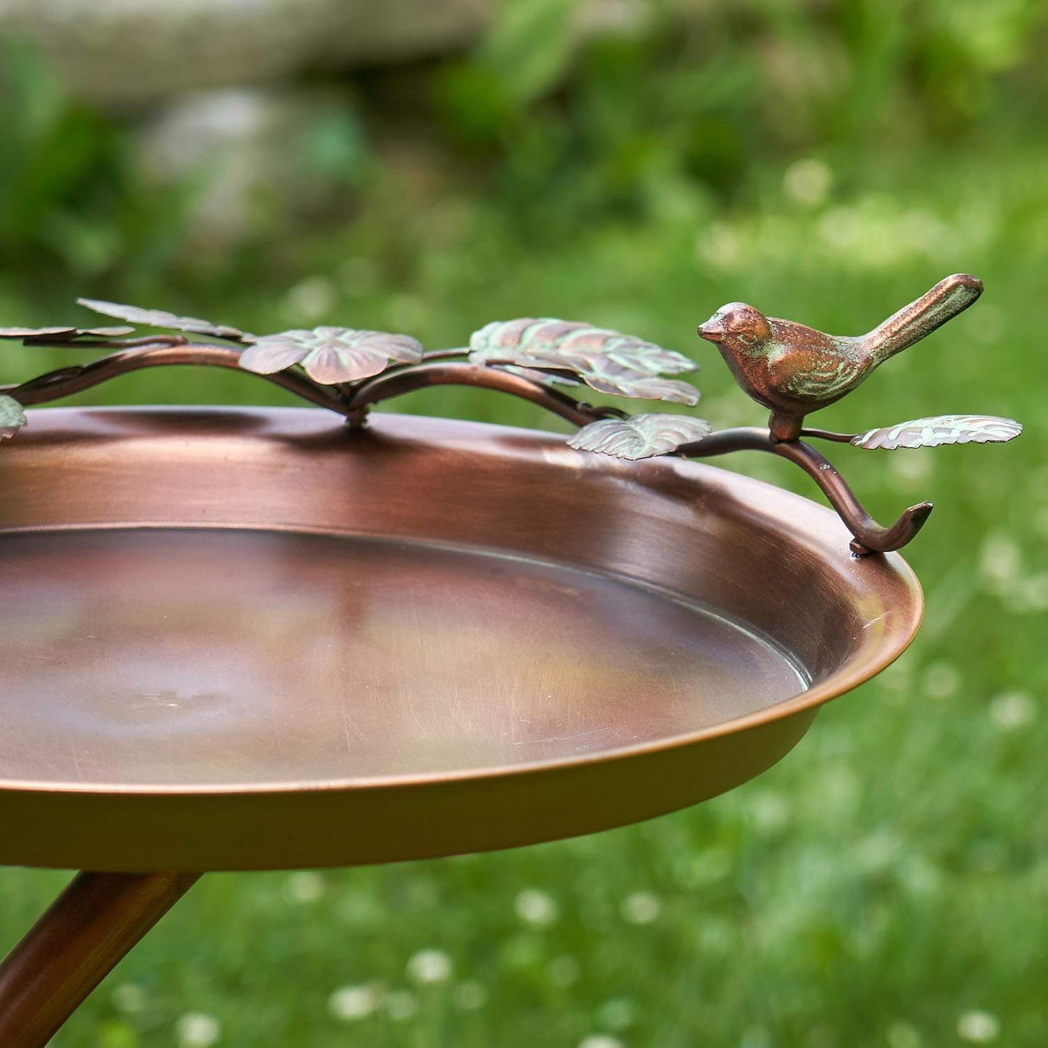 Zaer Ltd. Shallow Birdbath on Curved Branch Stand (Aged Copper Finish)