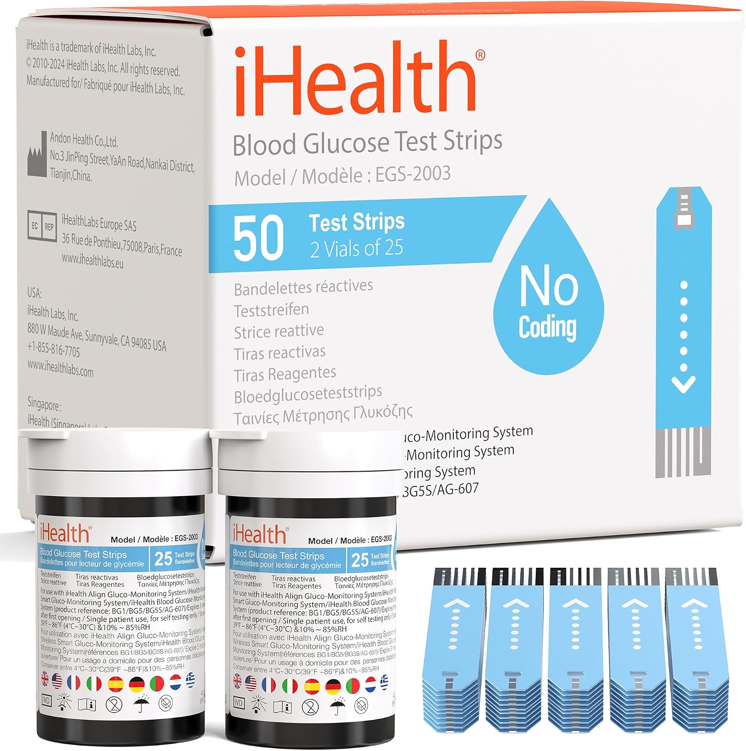iHealth Blood Glucose Test Strips, 50 Count, No Coding, for iHealth Meters | Compatible with iHealth Meters Only, 0.7 µL Sample, 5-Second Results, Two-Vial Freshness, Blood Sugar Test Strips