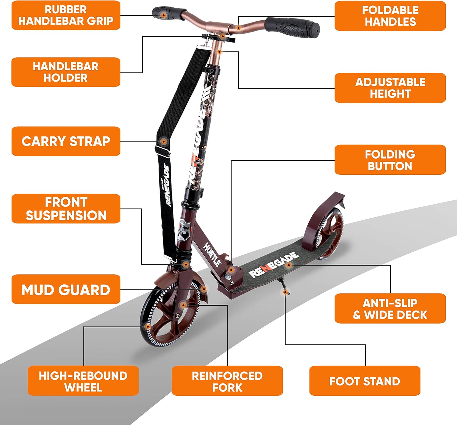 Hurtle Renegade Kick Scooter for Kids, Teenagers & Adults - 2-Wheel Folding Scooter with Adjustable T-Bar Handlebar - Alloy Anti-Slip Deck