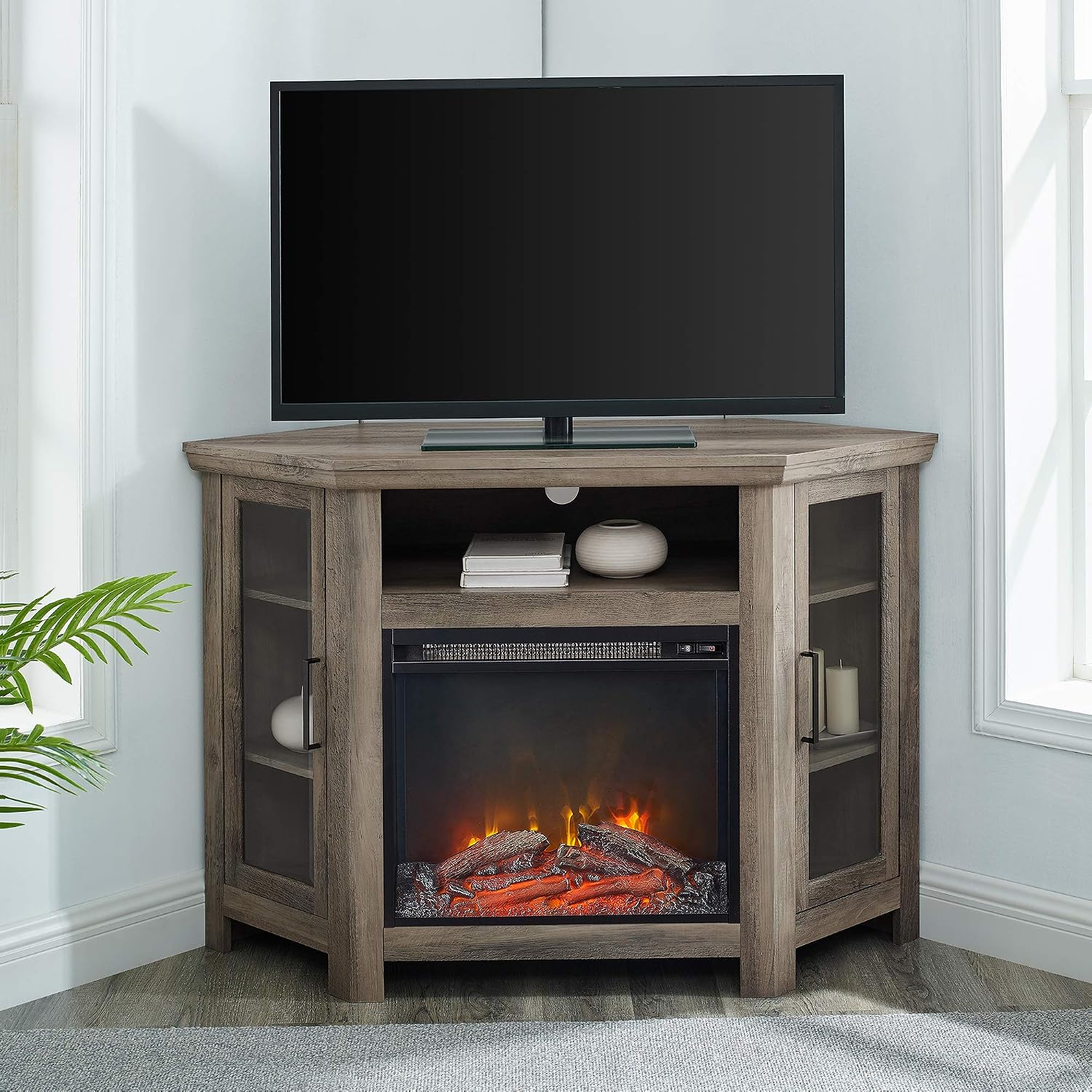 Walker Edison Alcott Classic Glass Door Fireplace Corner TV Stand for TVs up to 55 Inches, 48 Inch, White Oak