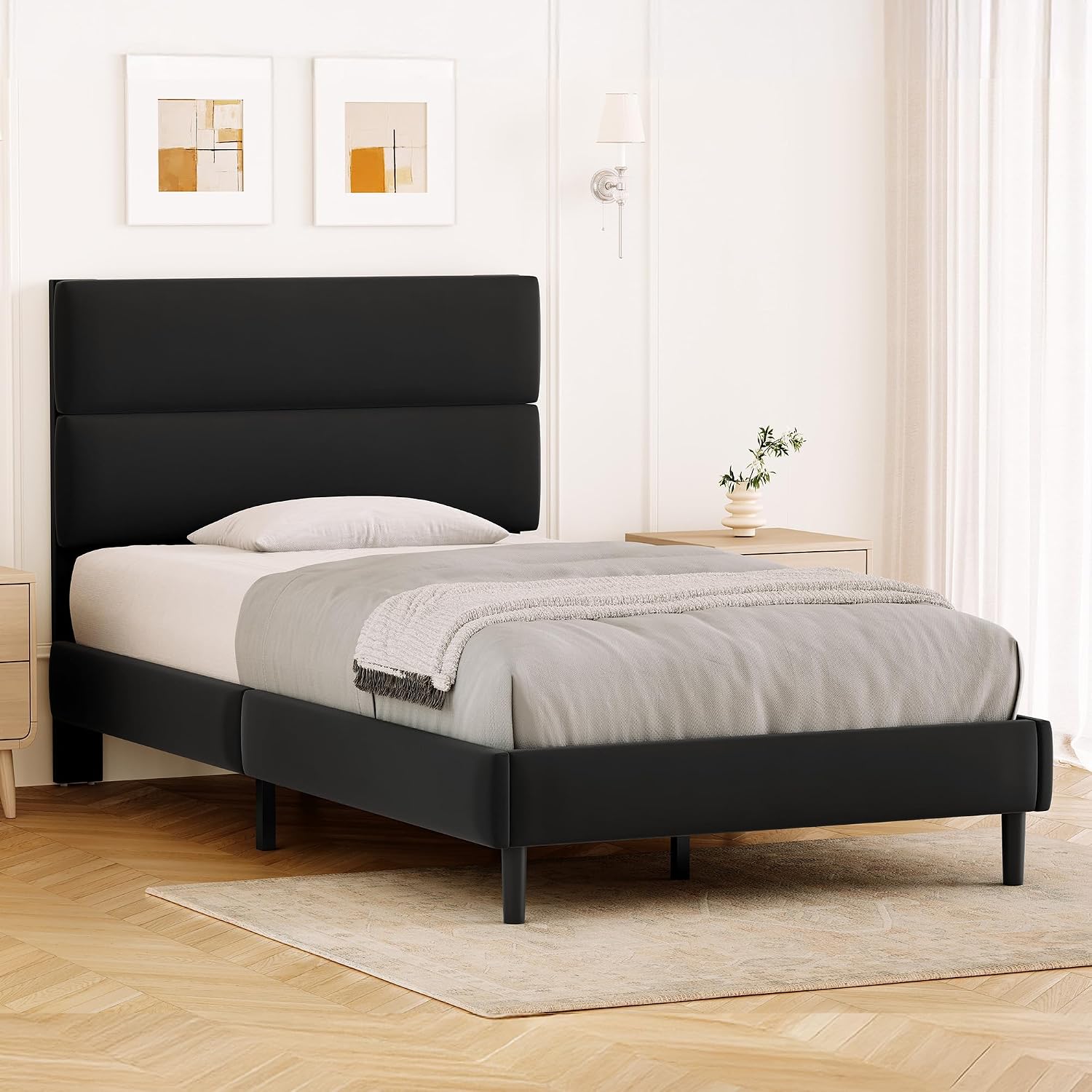 GRUSIGN Queen Size Platform Bed Frame with Velvet Headboard, Adjustable Height Wooden Slats Support, Upholstered Mattress Foundation, Fits Mattress or Mattress with Box Spring, Easy Assembly, Beige