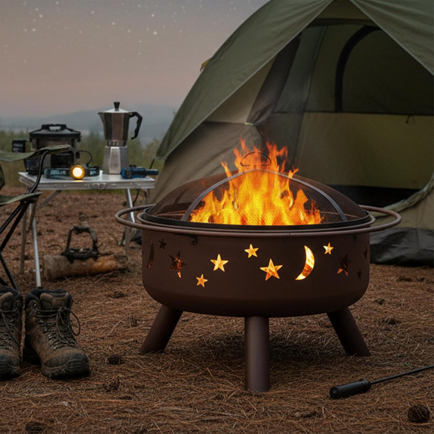 Sunnydaze Cosmic 30" Fire Pit with Cooking Grate for Outside, Wood Burning | Bronze, Heavy Duty Steel Metal, Includes Spark Screen & Poker, Round Outside Firepit for Patio, Deck, Backyard BBQ, Bonfire