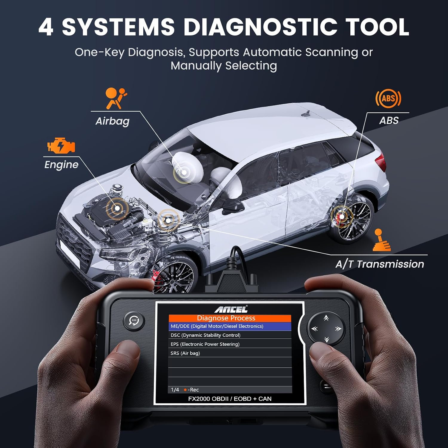 ANCEL FX2000-US OBD2 Scanner Diagnostic Tool, Engine ABS Airbag Transmission Code Reader with Live Data