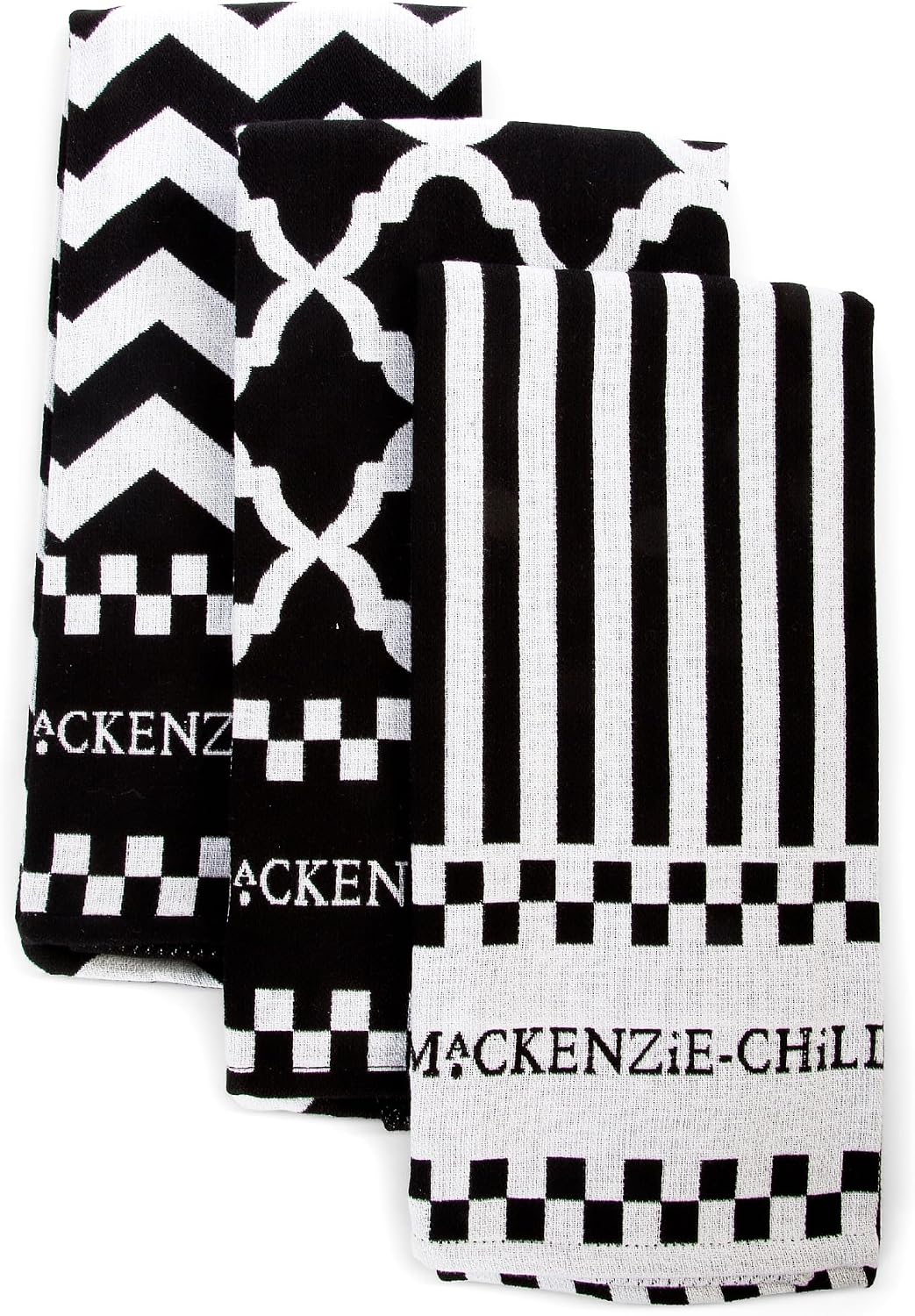 MACKENZIE-CHILDS Set of 3 Cotton Dish Towels, Decorative Kitchen Towels, Black-and-White Zig Zag