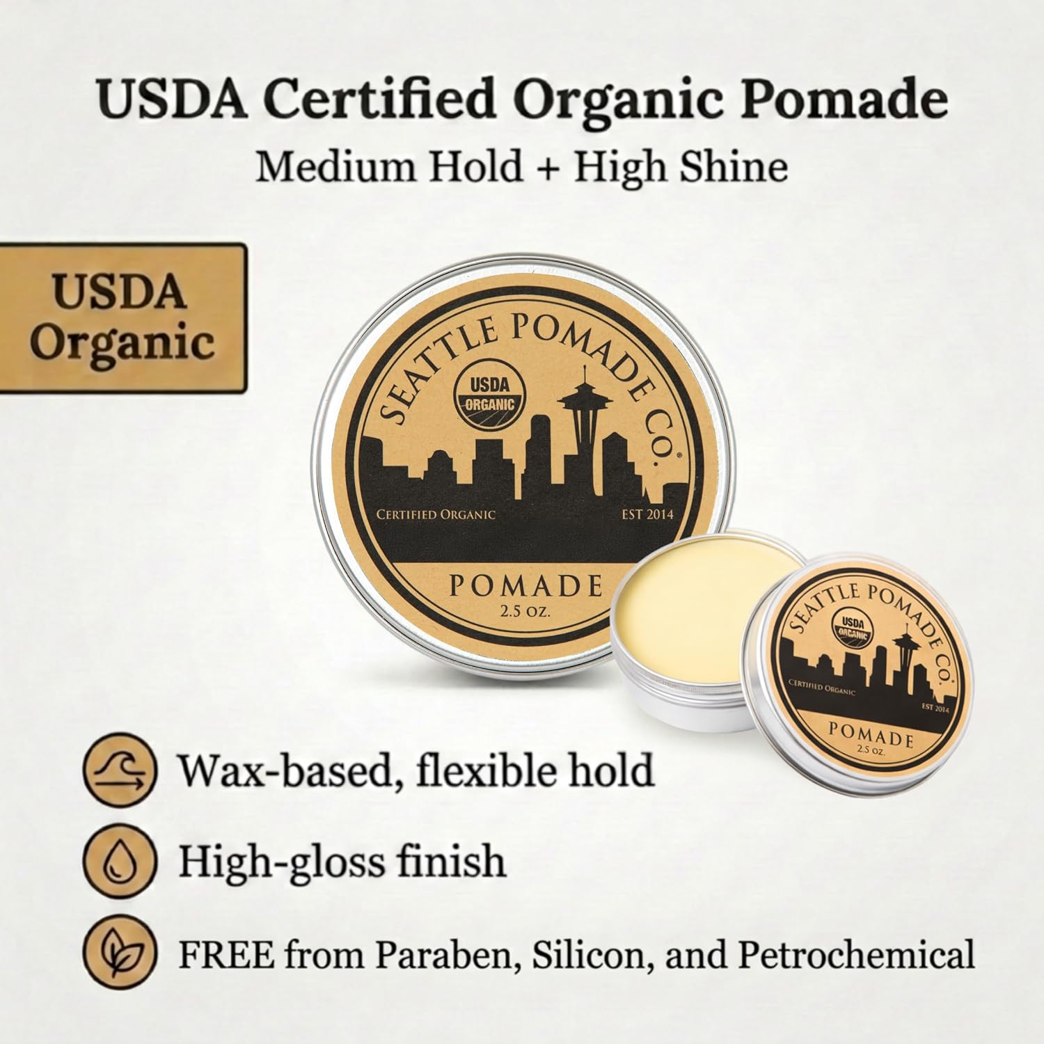 Seattle Pomade Co. USDA Certified Organic Pomade. Medium Hold & High Shine, Hair Styling Formula Non GMO