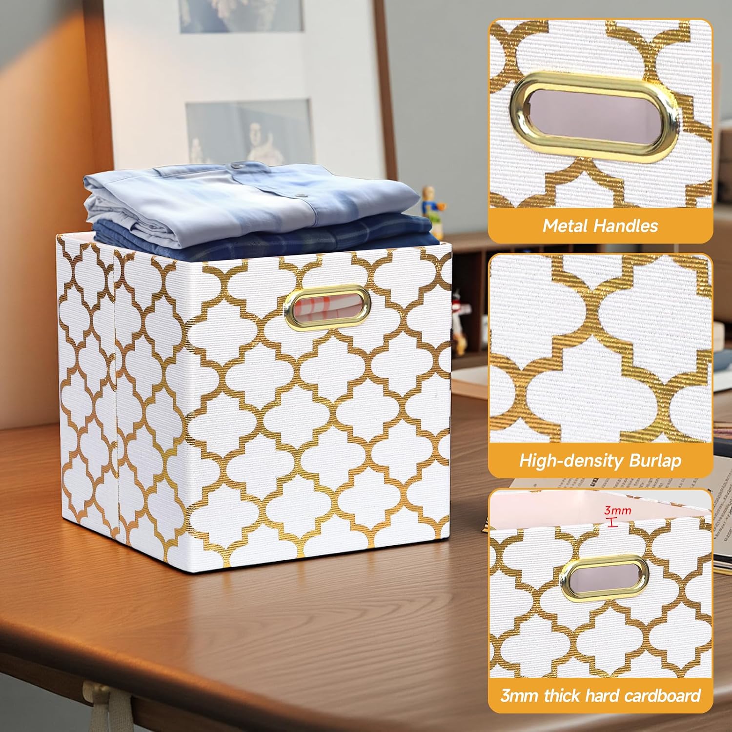 Posprica Storage Bins, Storage Cubes,13×13 Fabric Drawers Organizer Basket Boxes Containers (13×13×13/4pcs, Cream/gold geometry Pattern)