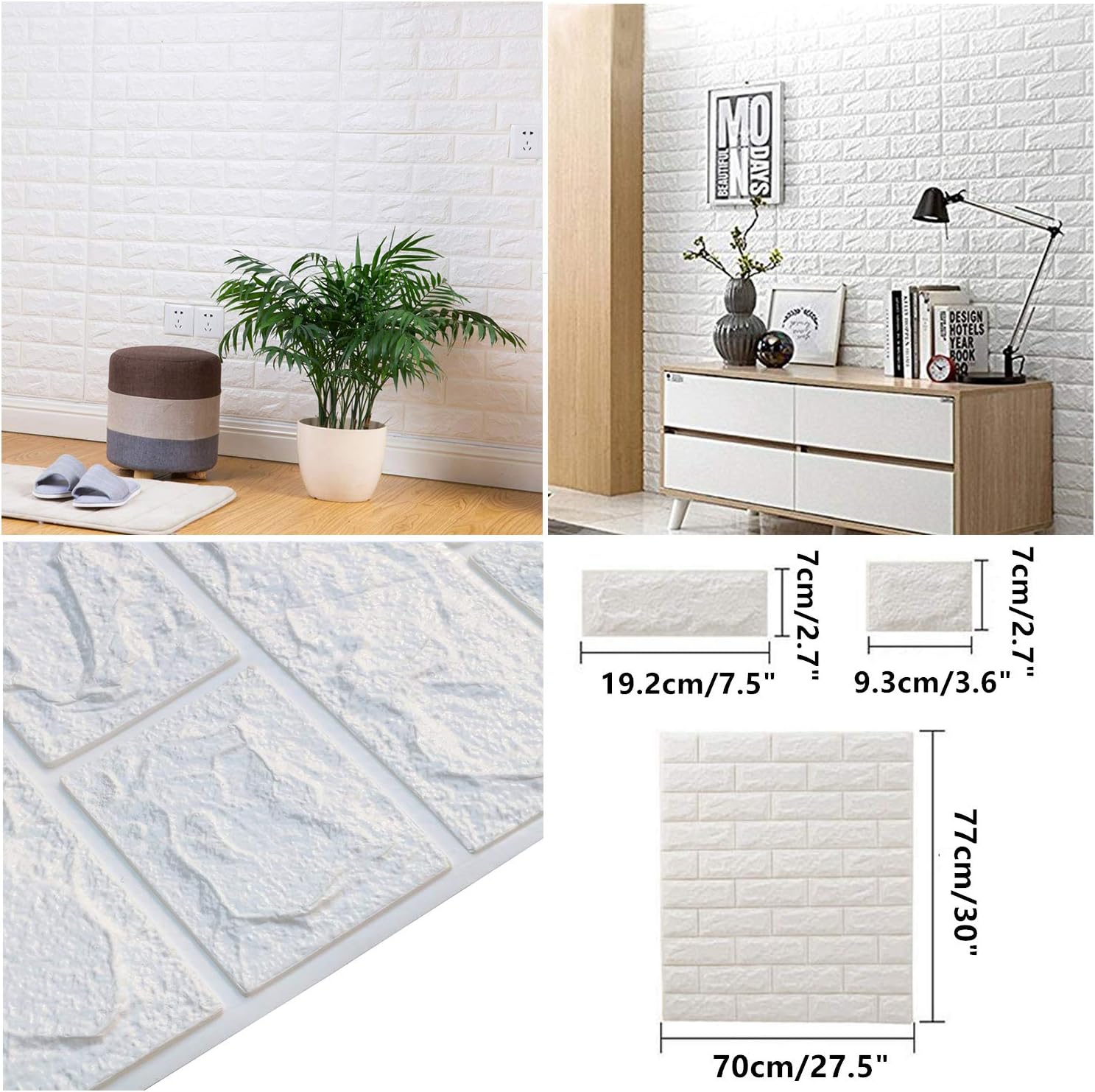 MYOYAY 10 Pcs 3D Wall Panels Peel and Stick 27.5 x 30.3 Inch (in Sum 57 sq.ft.) White Brick Wallpaper Self-Adhesive Foam Wall Panels for Living Room