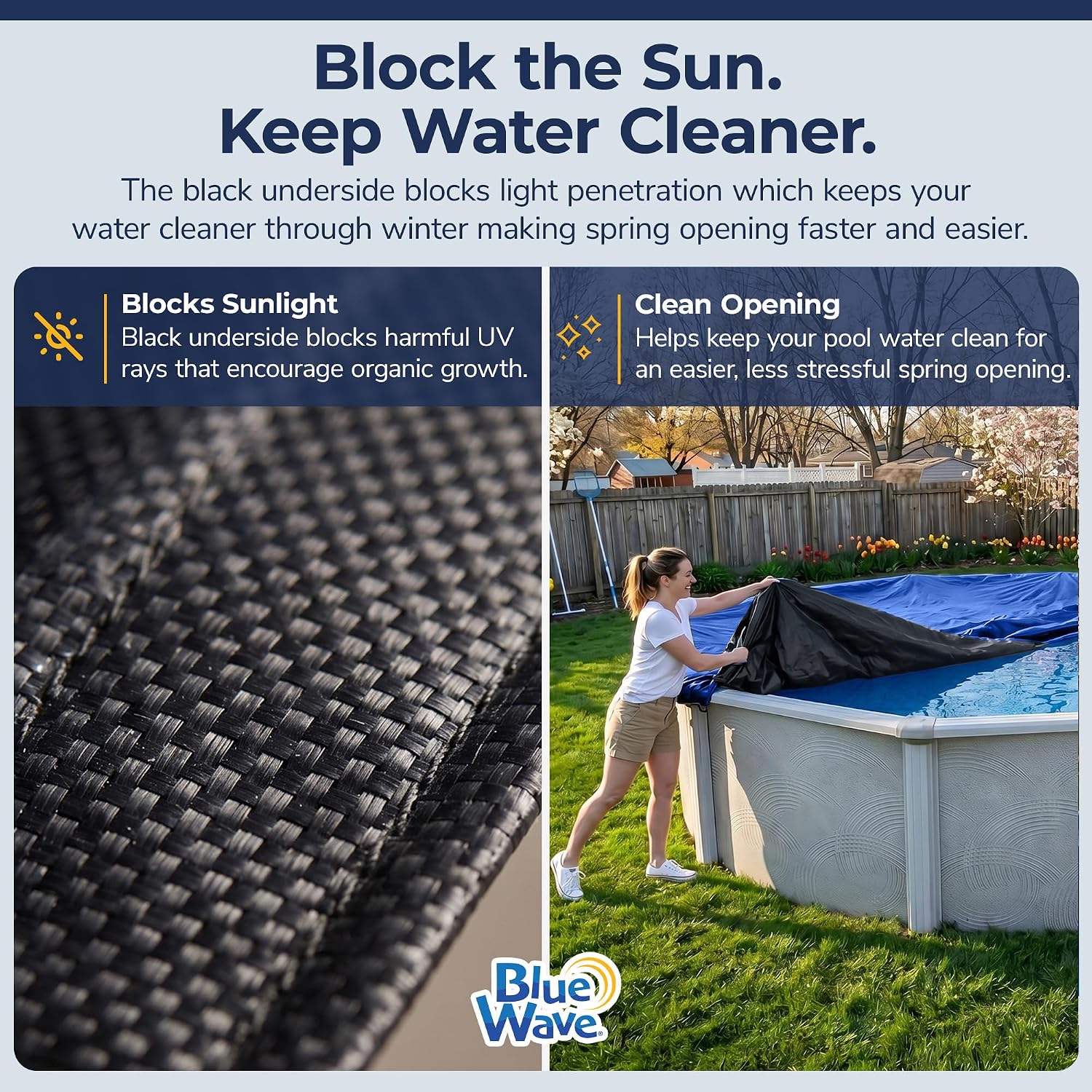 Blue Wave Arctic Armor 12x24-ft Oval Above Ground Pool Winter Cover, Blue | 14x14 laminated polyethylene, metal grommets every 2 ft, black underside, cable and winch, 4-ft overlap, 15-yr support