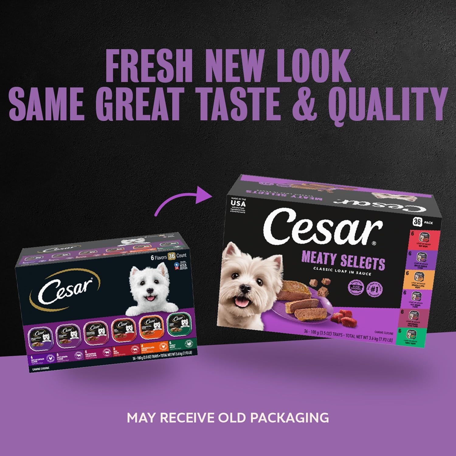 Cesar Classic Loaf Wet Dog Food, Meaty Selects, 3.5 oz, 12 Count, 2-Pack | Made in USA, Filet Mignon & Porterhouse Steak flavors, real beef #1 ingredient, no artificial flavors, easy peel trays