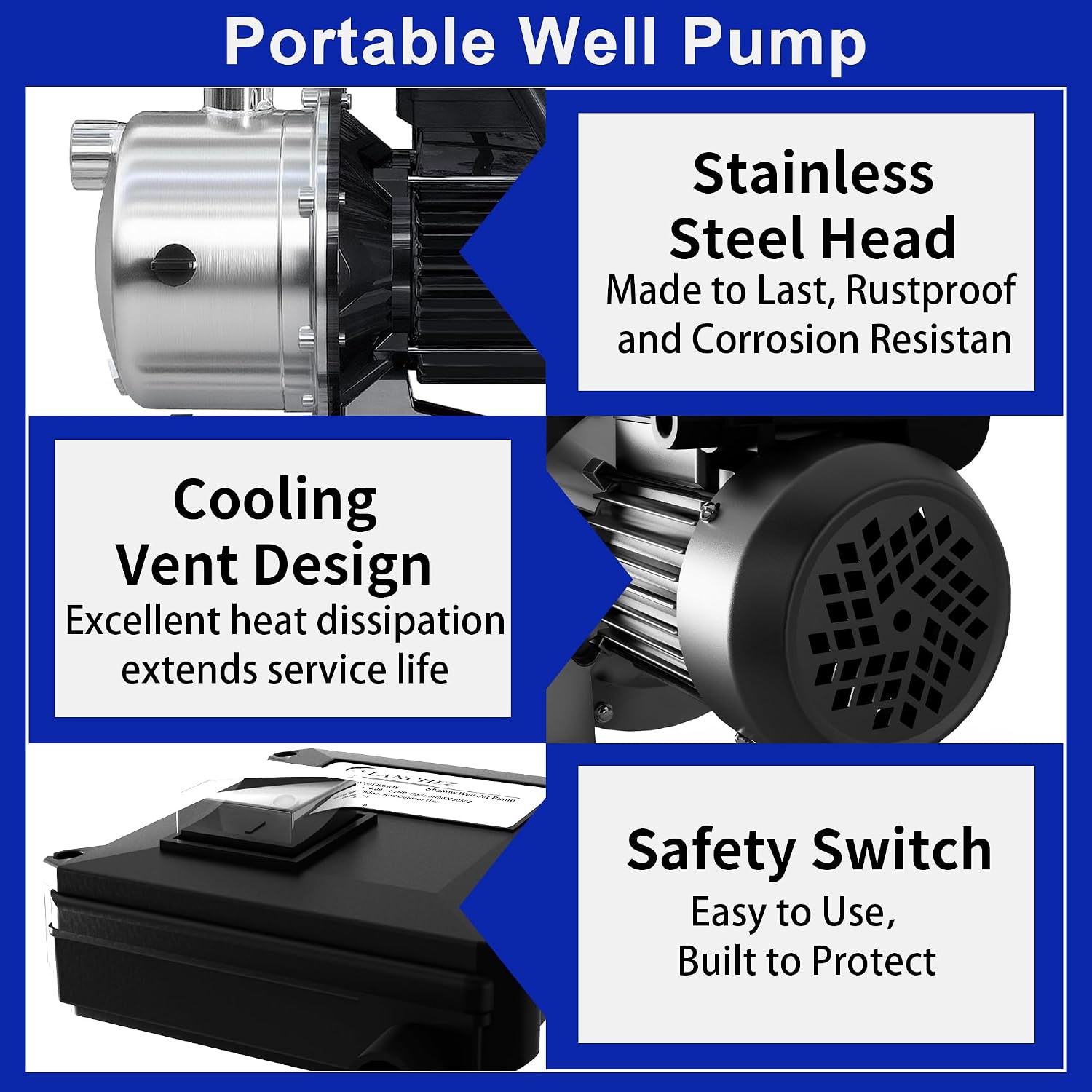 LANCHEZ 1.6 HP Shallow Well Pump, 1500 GPH Stainless Steel Water Transfer Pump, 115V Garden Irrigation Pump
