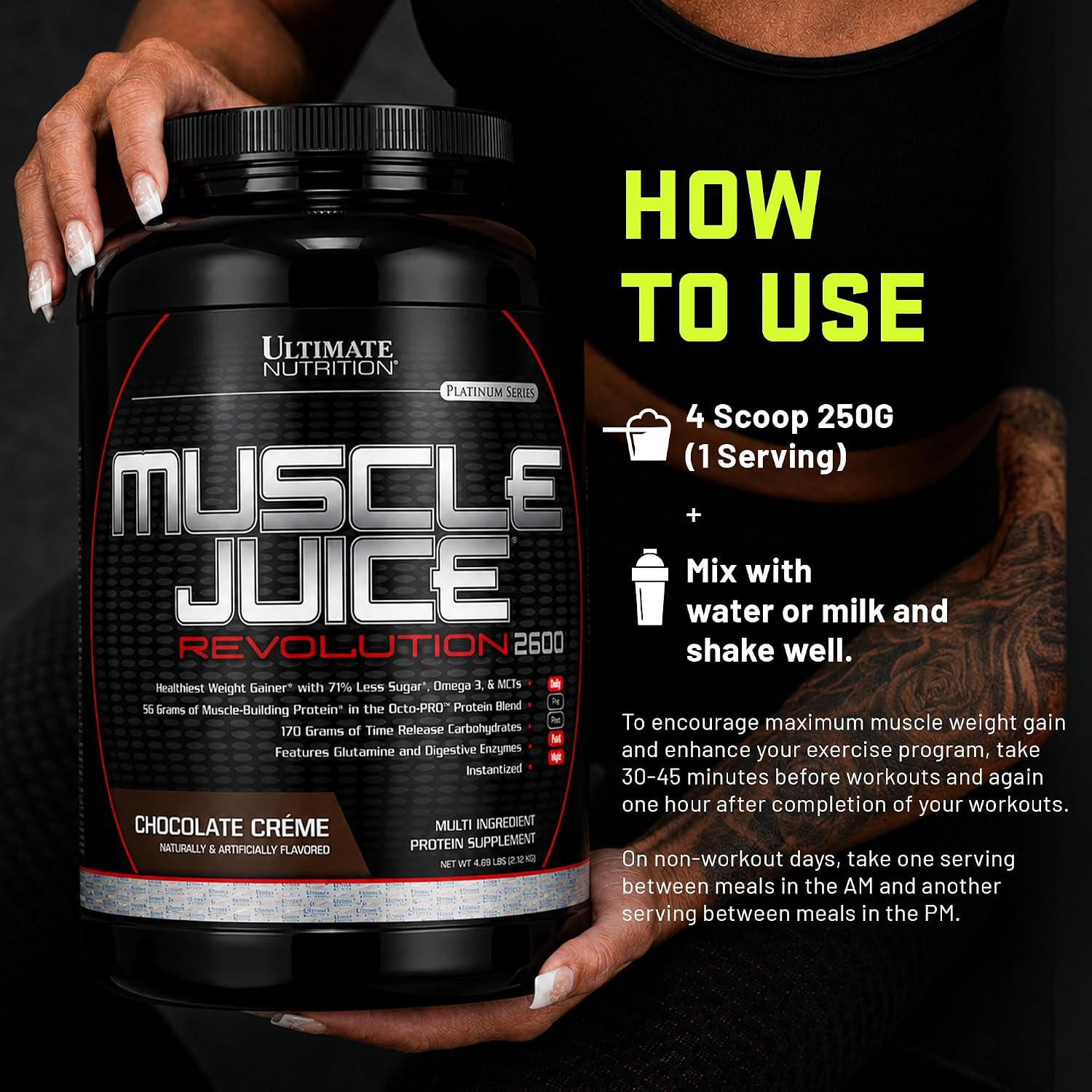 Ultimate Nutrition Muscle Juice Revolution 2600 Weight Gainer, Muscle Recovery with Glutamine, Micellar Casein and Time Release Complex Carbohydrates, Banana Protein Powder, 4.69 Pounds | 70g Octo-PRO™ Protein Blend, 175g Time-Release Carbs, 1000mg Gluta…