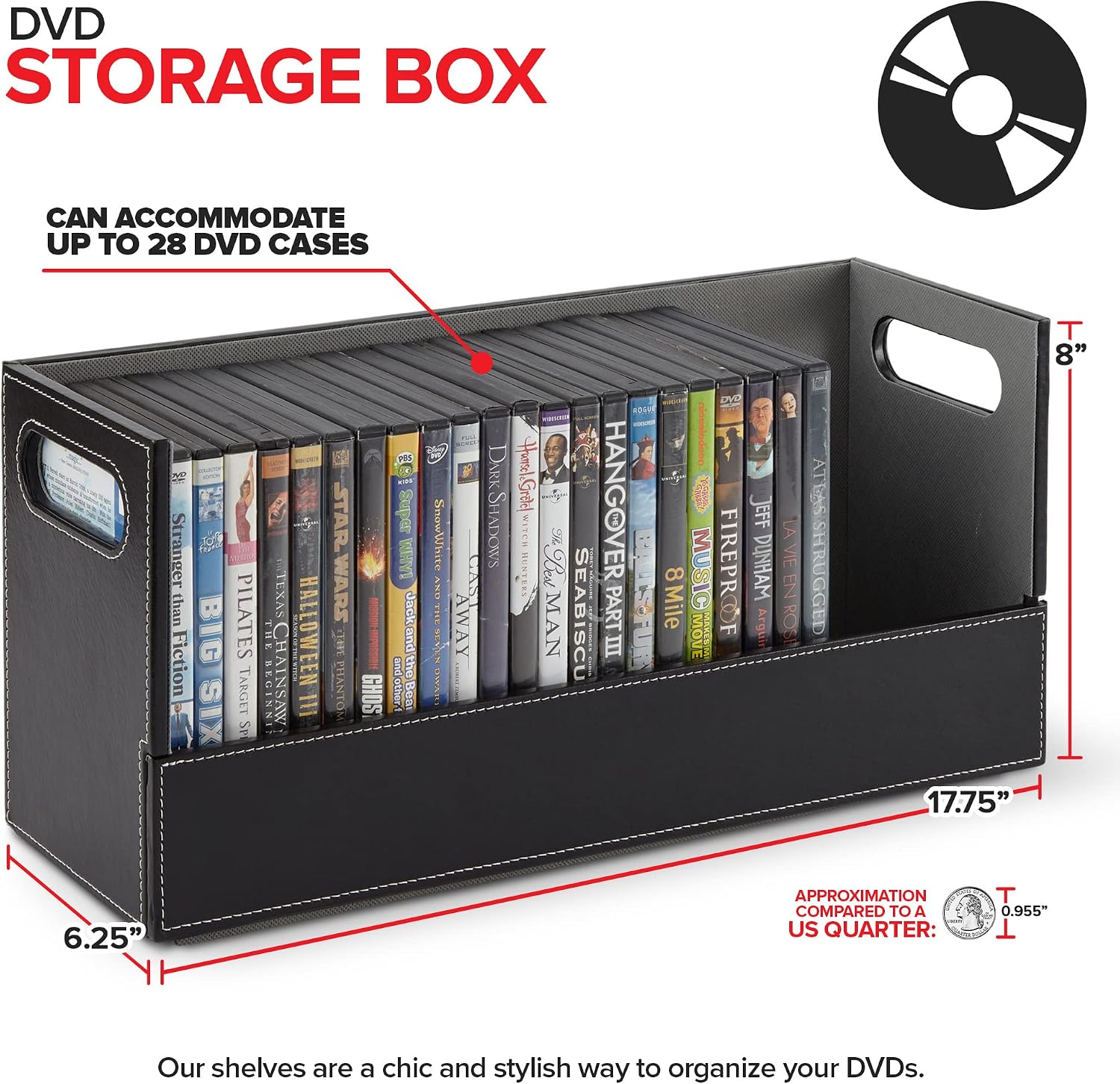 Stock Your Home DVD Storage Box, Movie Shelf Organizer for Blu-Ray, Video Game Cases, CDs, VHS Tape Display Stand, Disc Holder Can Store Up to 28 DVDs, Faux Leather (Espresso)