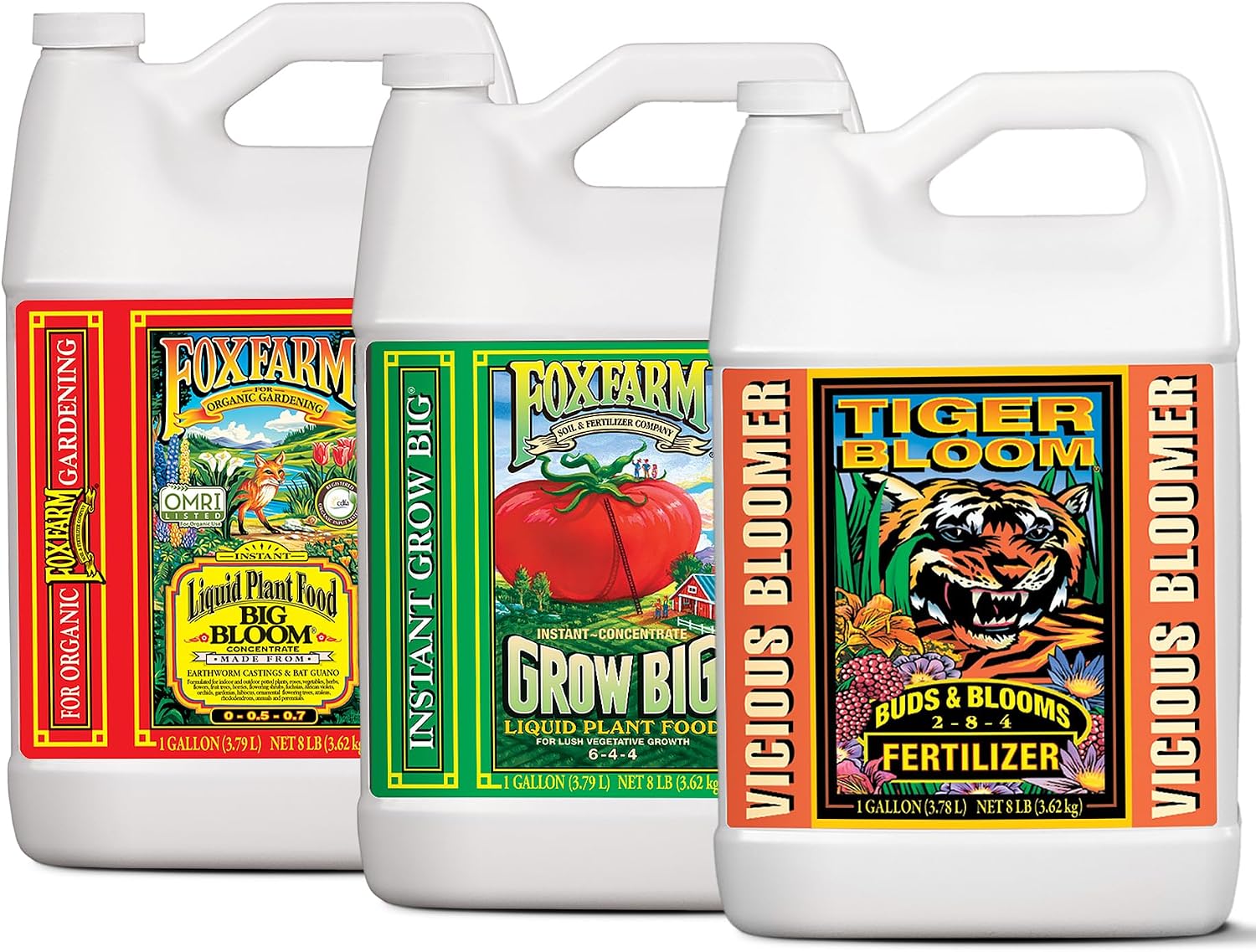 FoxFarm Soil Liquid Trio Pack - Big Bloom, Grow Big, Tiger Bloom Fertilizers Supports Vigorous Plant Growth, Bud Development & Abundant Fruit - Complete Liquid Plant Food Set - 3 Pint Bottles