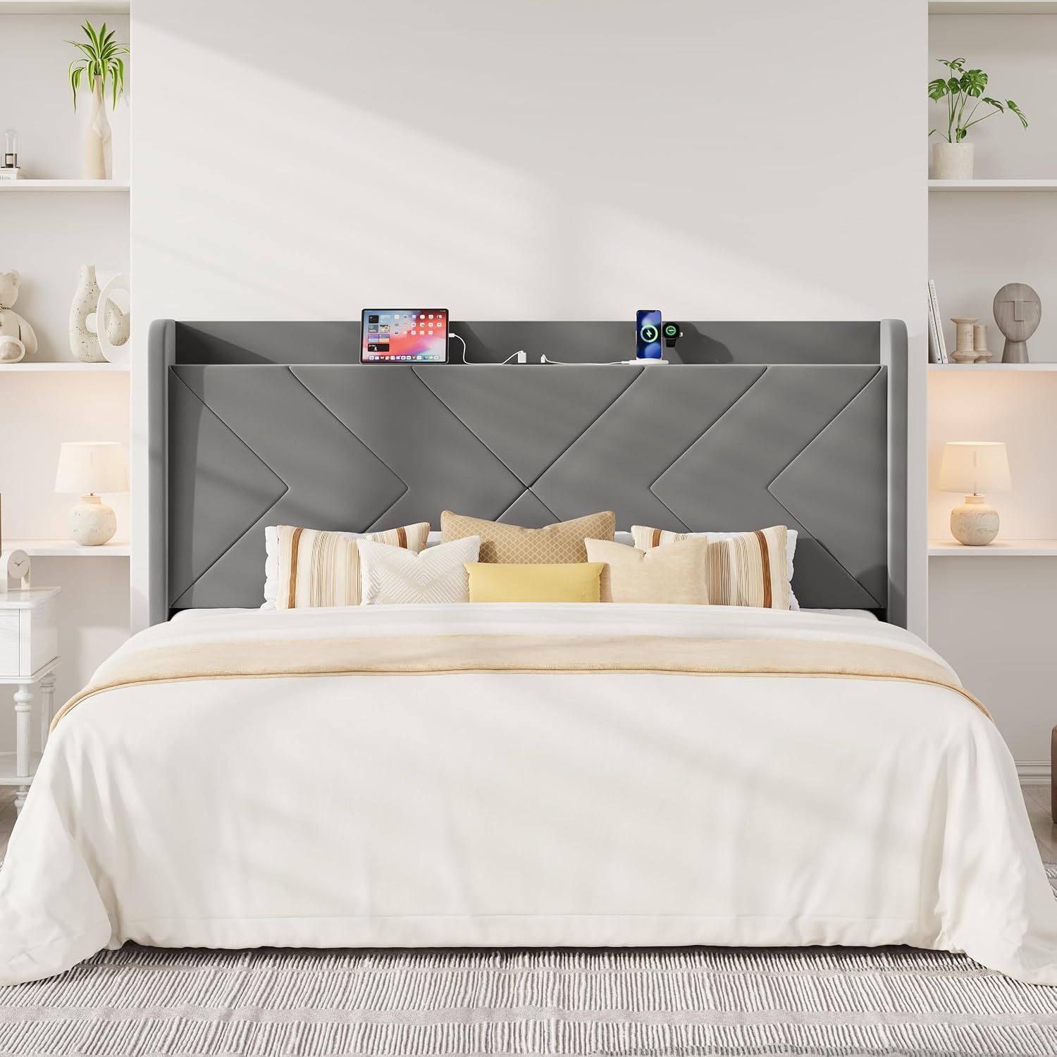 Allewie Full Size Platform Bed Frame with Charging Station and Storage Shelf/Upholstered Velvet Wingback Headboard/Wooden Slats Support/No Box Spring Needed/Easy Assembly, White