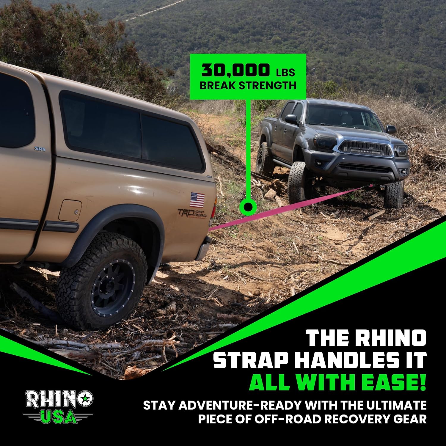 Rhino USA Recovery Tow Strap (3in x 30ft) - 31,518lb Heavy Duty Towing | 31,518lb Break Strength Emergency Tow Strap, Extended 30ft Length. For Truck, UTV, ATV & Jeep Offroad Recovery. Black