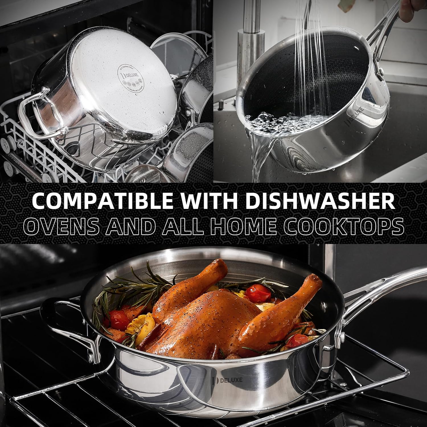 Deluxe 13 Piece Hybrid Ceramic Nonstick Stainless Steel Cookware Set | 5 PC Fry Pan Set, 6 PC Pot Set, 3.7QT Deep Sauté Pan&Lid, Induction Ready, Stay Cool, PFOA Free FOR All Cooktops
