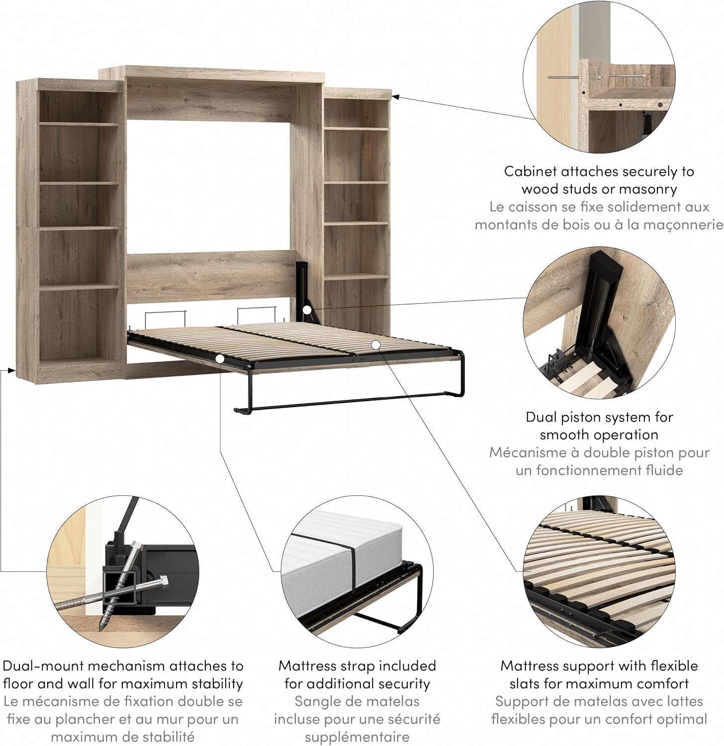 Bestar Pur Queen Murphy Bed, 65-inch Space-Saving Sleeping Arrangement for Multipurpose Area, Bedroom, Guest Room, or Living Room | Dual piston mechanism; for guest room or multipurpose space; Shaker-inspired trim with metal handles