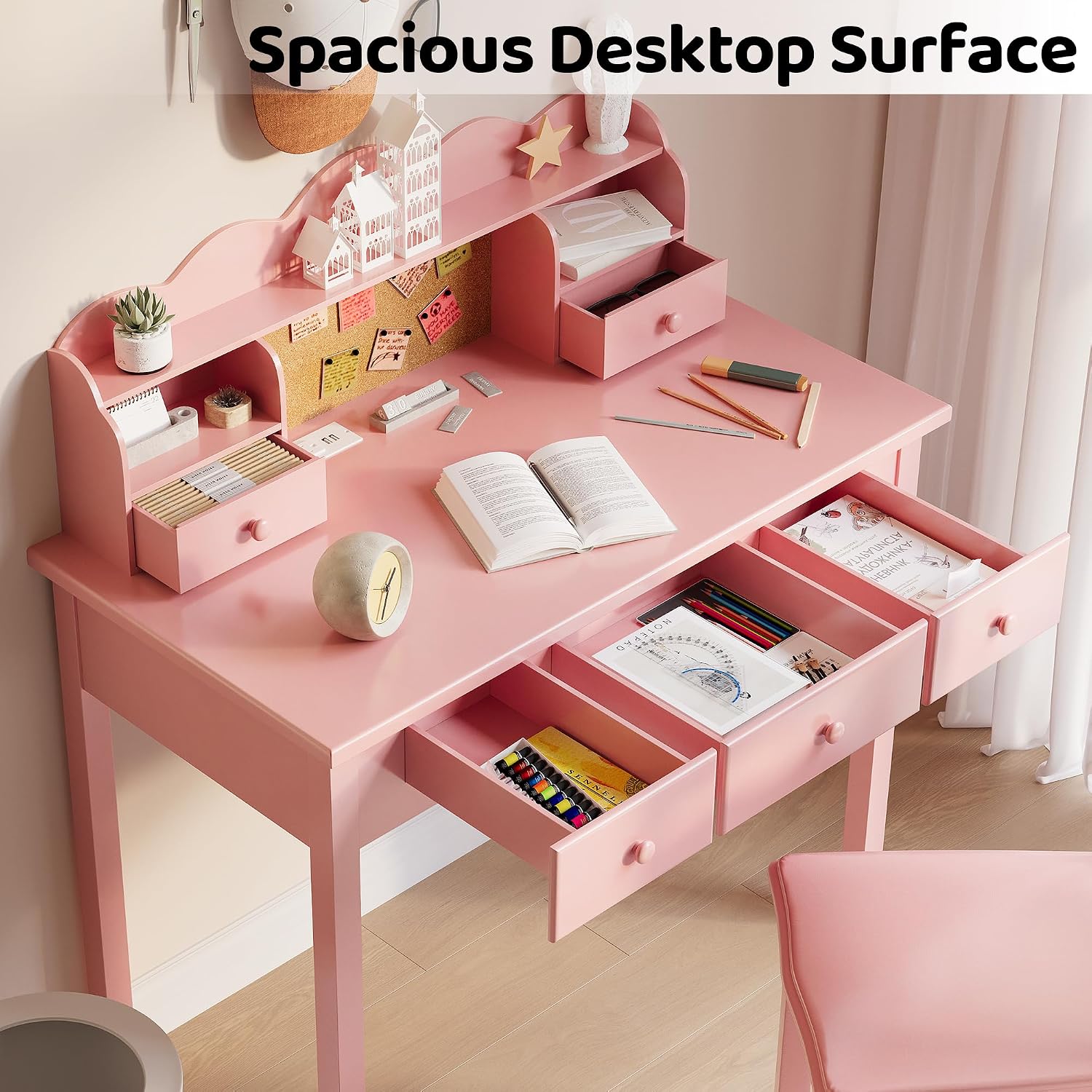 FUNKOCO Writing Desk with Hutch, 40" Small White Desk for Girls, 5 Drawers