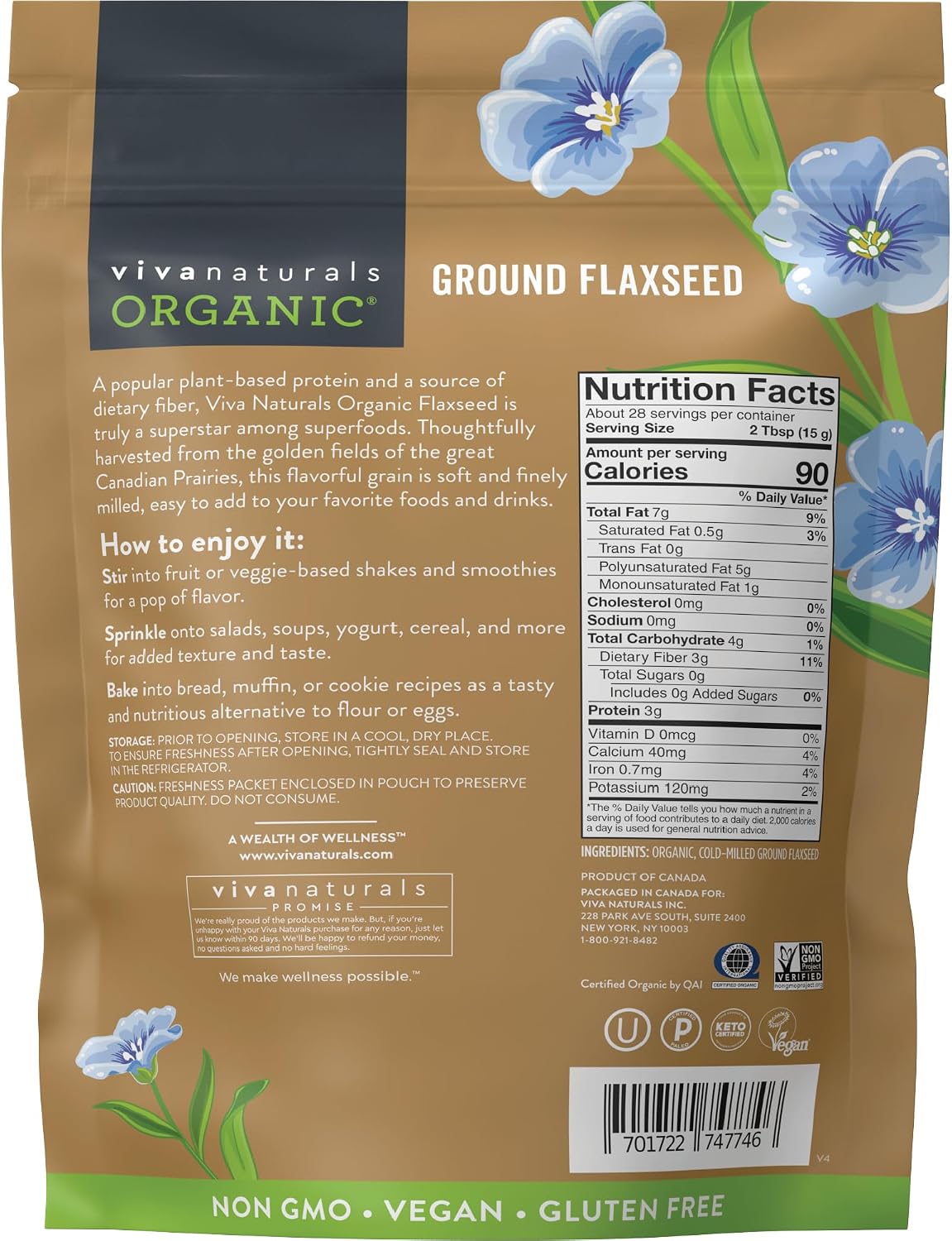 Viva Naturals Organic Ground Flaxseed, 15 oz (425 g) – Plant-Based Protein, Vegan Omega-3 & Fiber, Finely Milled Flax Seeds, Perfect for Smoothies & Baking