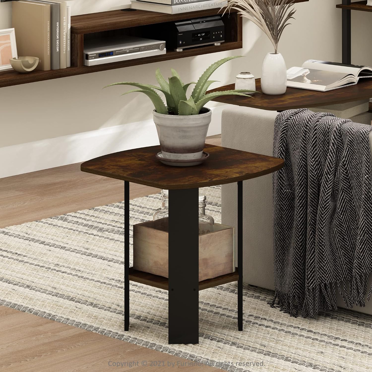 Furinno SIMPLE DESIGN Side Table, 2-Tier Modern End Table with Soft Edges, Open Shelves Night Stand, Bedside Table, for Living Room, Bedroom, French Oak