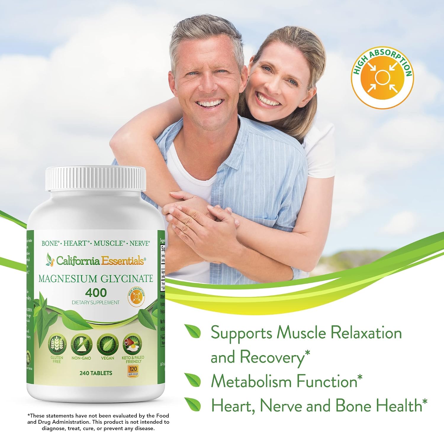 Magnesium Glycinate 400 - Chelated, High Absorption Magnesium for Muscle Relief, Bone & Heart Support -Vegan, Non-GMO, Gluten-Free 240 Tablets (Servings 120, Serving Size (2) 200mg Tablets)