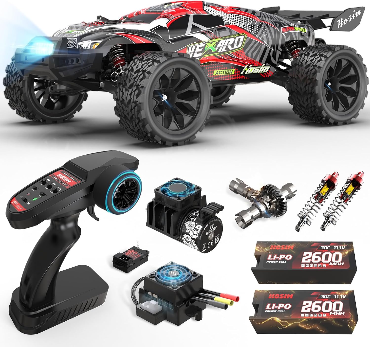 Hosim Mini 1:8 Brushless RC Cars for Adults, VEXARO 50+MPH Fast RC Trucks | 3660 3100KV Brushless Motor & 80A ESC, 2* 2600mAh 3S Lipo, Chrome Steel Central Transmission, All-Metal Oil-filled Shocks