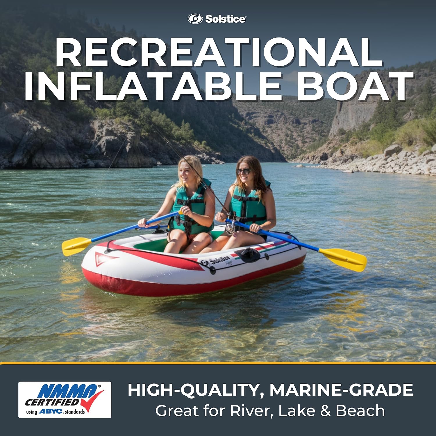 Solstice Voyager 4-Person Inflatable Fishing Boat with Dual Swivel Oar Locks and Rod -Holder, Motor Compatible 9' x 5'