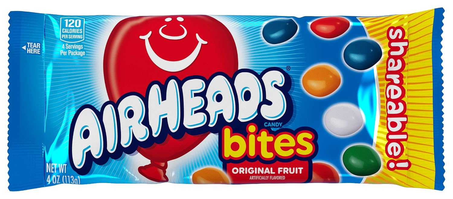Airheads Candy Bites, Assorted Fruit Flavors, 2 Ounces (18-Pack) | Individually Wrapped Bulk Candy, Chewy Candy Bags