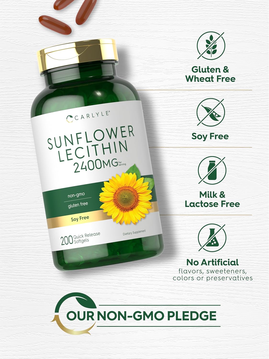 Carlyle Sunflower Lecithin Softgel Capsules | 2400mg | 200 Pills | Rich in Phosphatidyl Choline | Non-GMO, Soy Free, Gluten Free Supplement