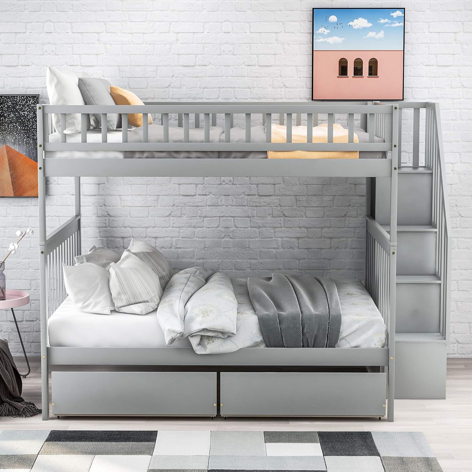 Bellemave Full Over Full Bunk Beds with Stairs Stairway Bunk Bed Frame with Storage Shelves for Teens Adult, Detachable Wood Full Bunk Bed, Gray