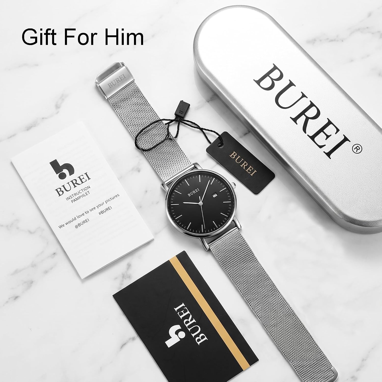 BUREI Men Wrist Watches Fashion Minimalist Thin Analog Quartz Waterproof Watches for Men, Refined Gifts for Men, Boyfriend, Husband, Dad