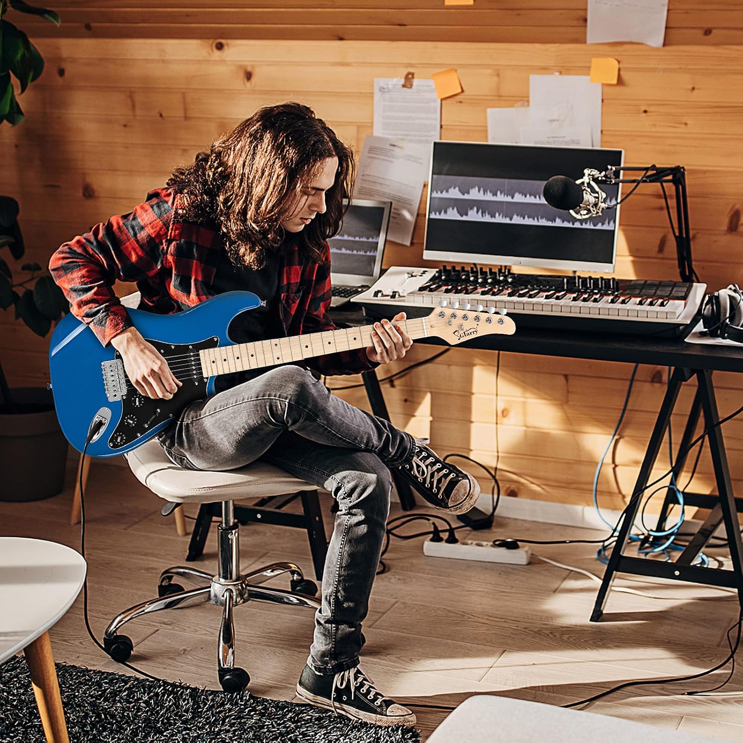 GLARRY Full Size Electric Guitar for Music Lover Beginner with 20W Amp and Accessories Pack Guitar Bag (DARK BLUE, 39" Right Handed)