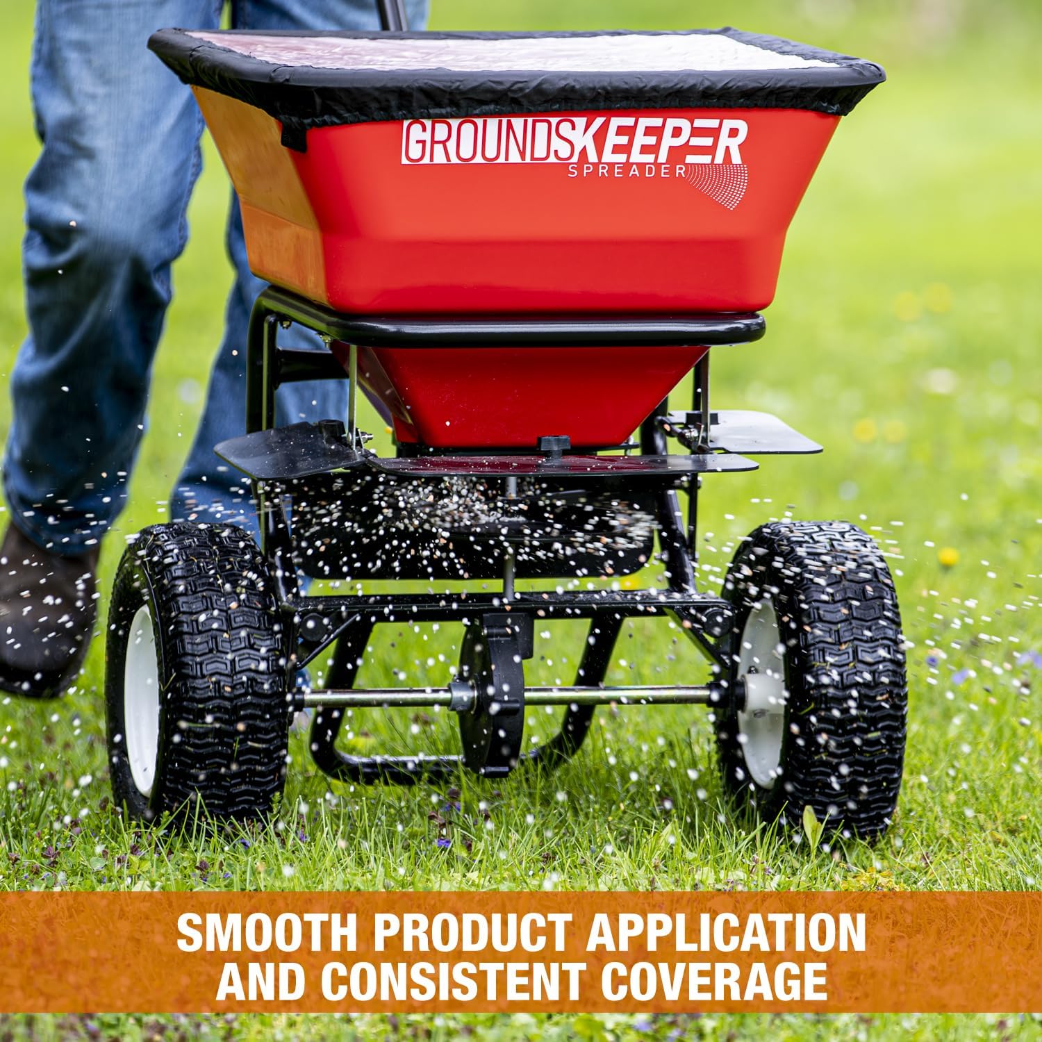 Buyers Products 3039632R Grounds Keeper All Season, Broadcast Walk Behind Push Spreader, 100lb Capacity, for Seed, Fertilizer, Winter Salt & Snow Melt