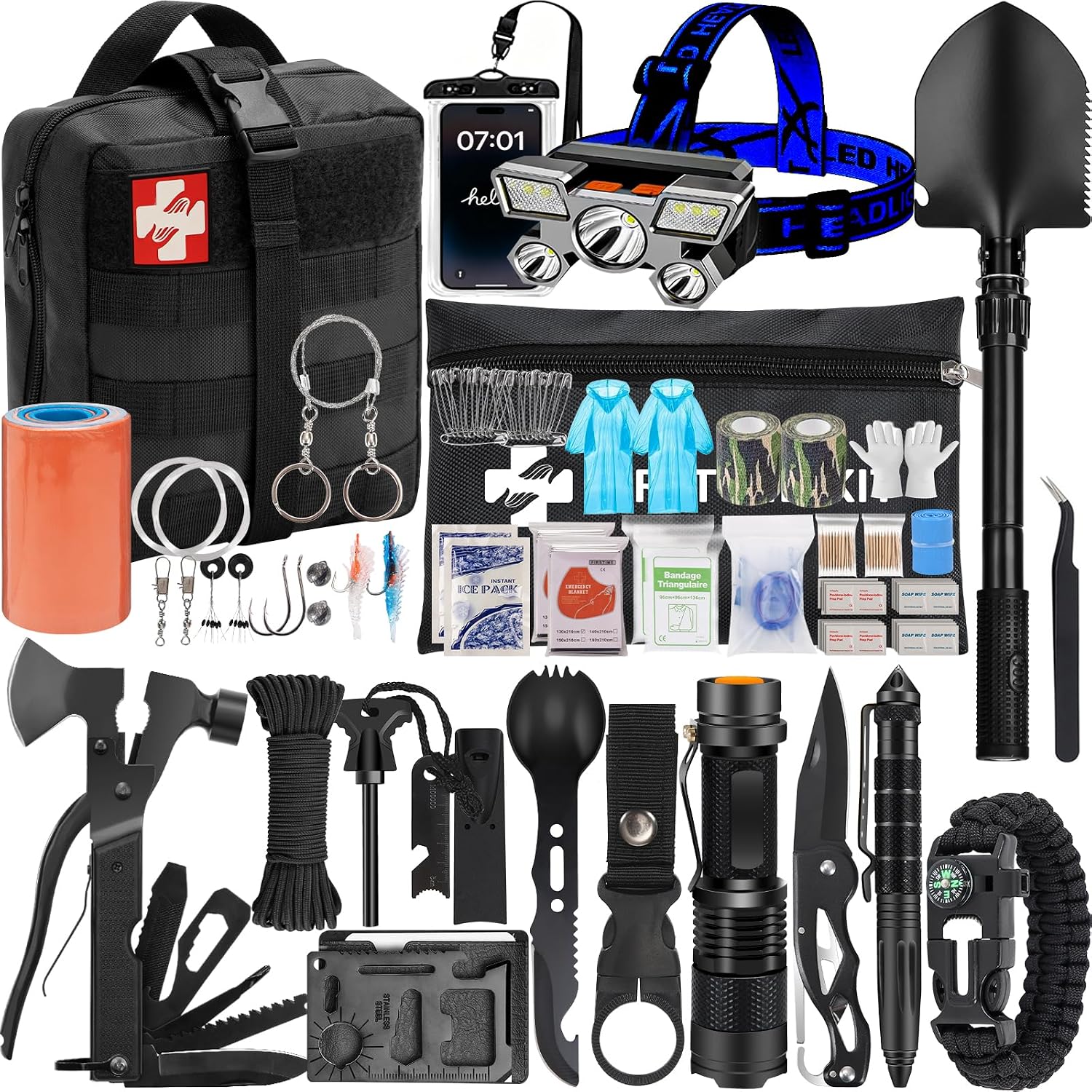 Emergency Survival Kit and First Aid Kit, Camping First Aid Survival Kit with Molle Pouch for Preparedness Outdoor Adventure, Black