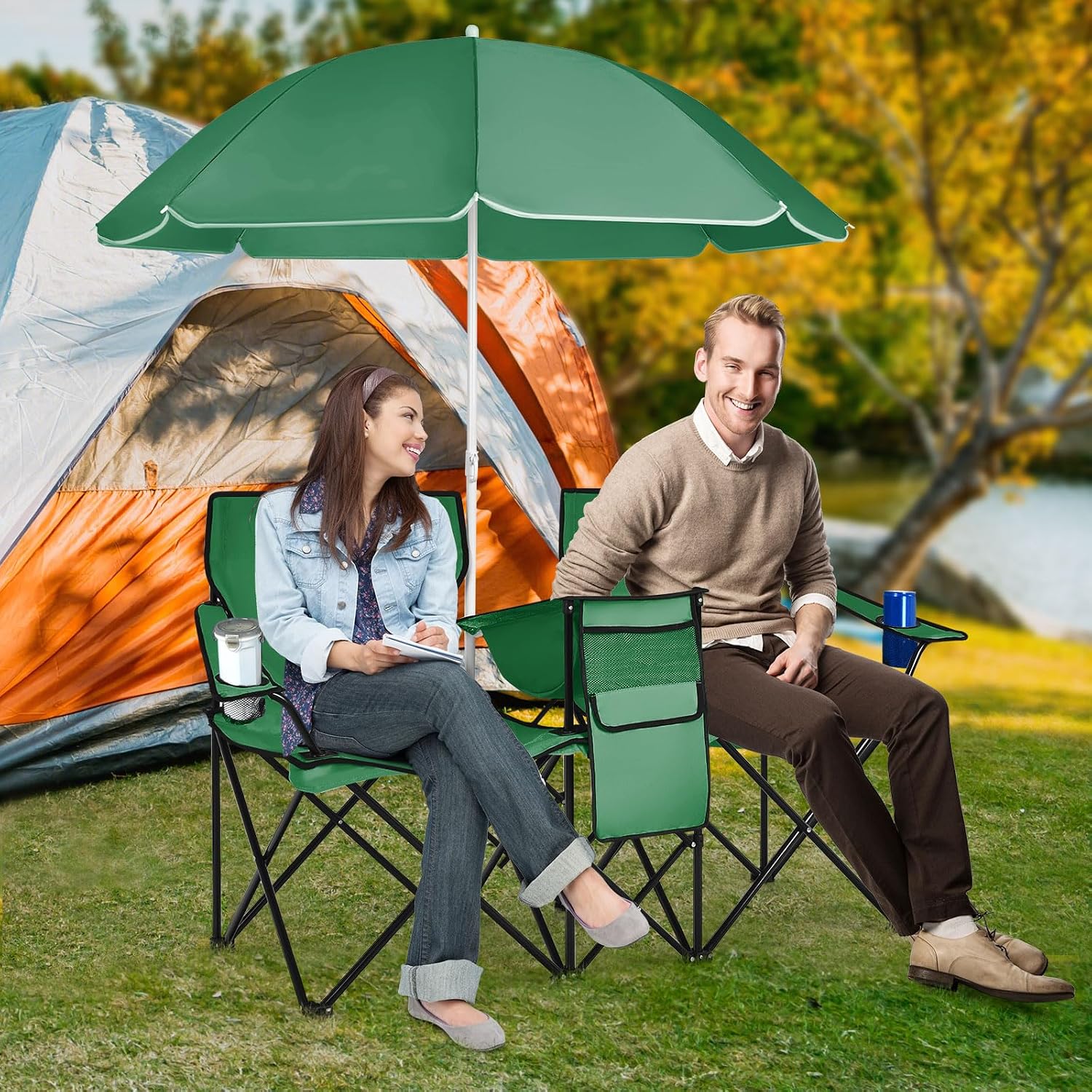 COSTWAY Double Portable Picnic Chairs, Folding Camping Chairs w/Detachable Umbrella, Cooler Bag, Cup Holders, Patio Beach Camping Chairs for Outdoors, Blue | Detachable Umbrella, Cooler Bag, Cup Holders, Patio Beach Camping Chairs for Outdoors, Blue