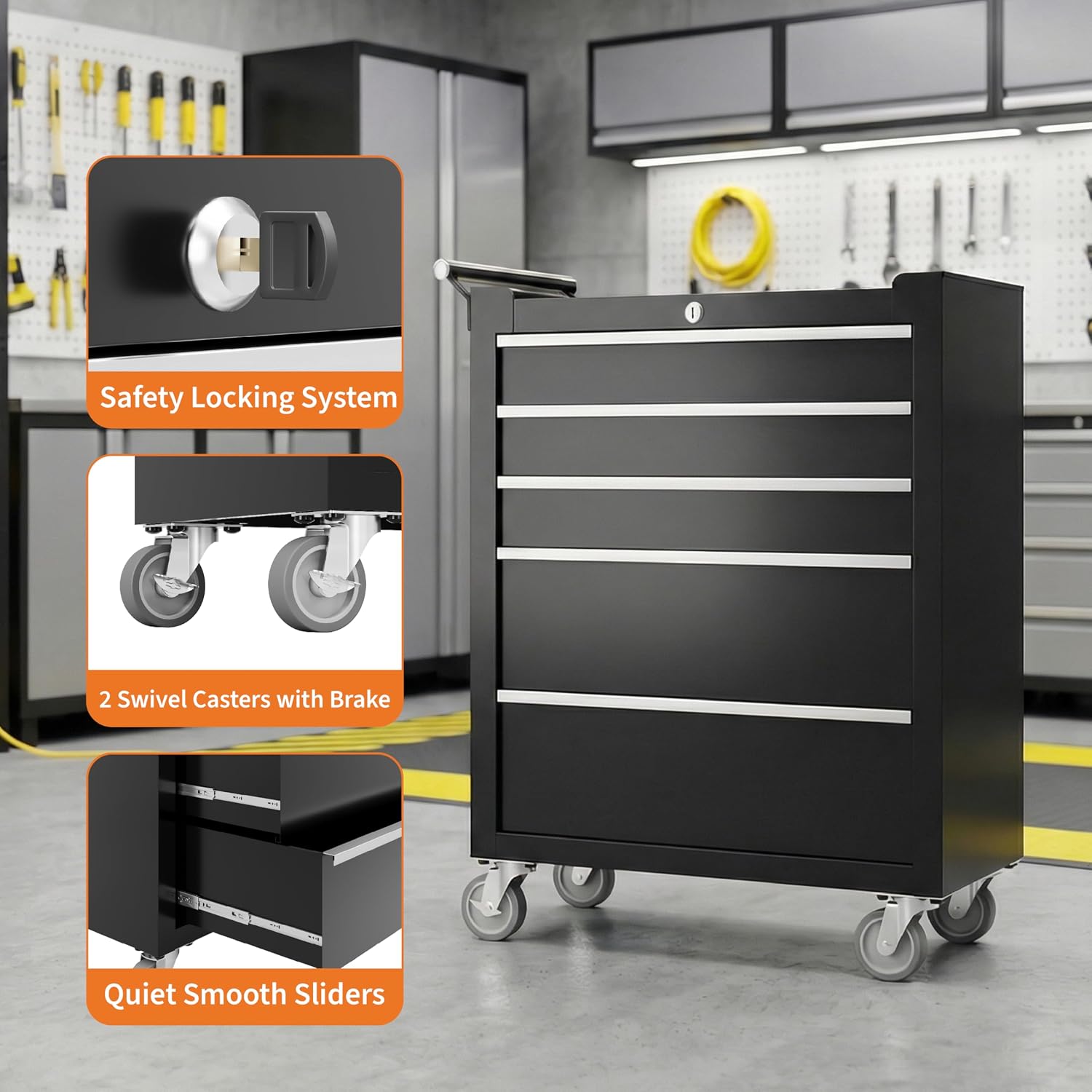 Rolling Tool Chest with Wheels, 5 Drawer Tool Storage Cabinet, Portable Toolbox Organizer with Lock, Heavy Duty Tool Chest Cart for Garage, Mechanic, Workshop, Shop, Mobile Tool Organizer, Black