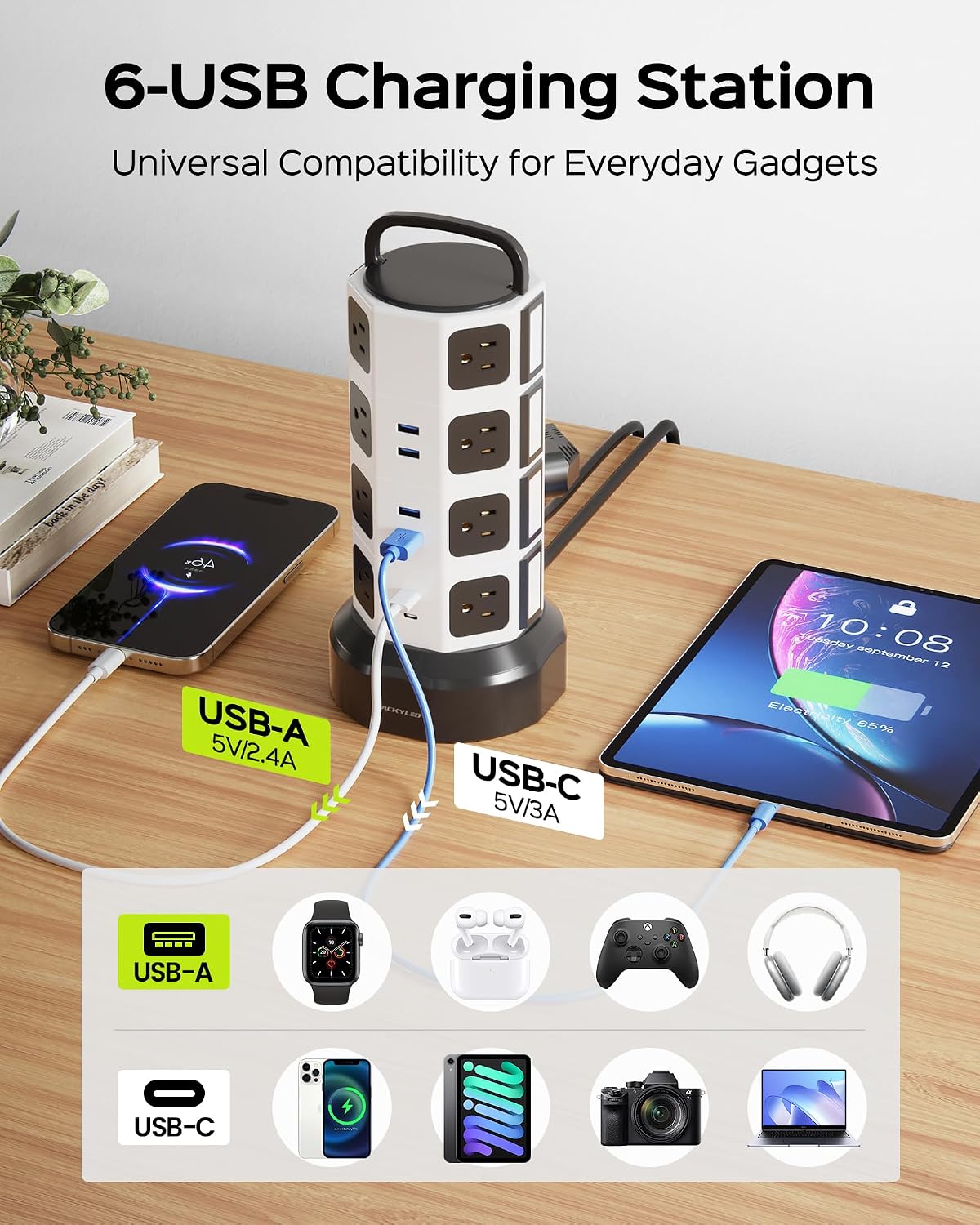 JACKYLED Power Strip Tower Surge Protector, 12 AC 6 USB (2 USB C), 1050J