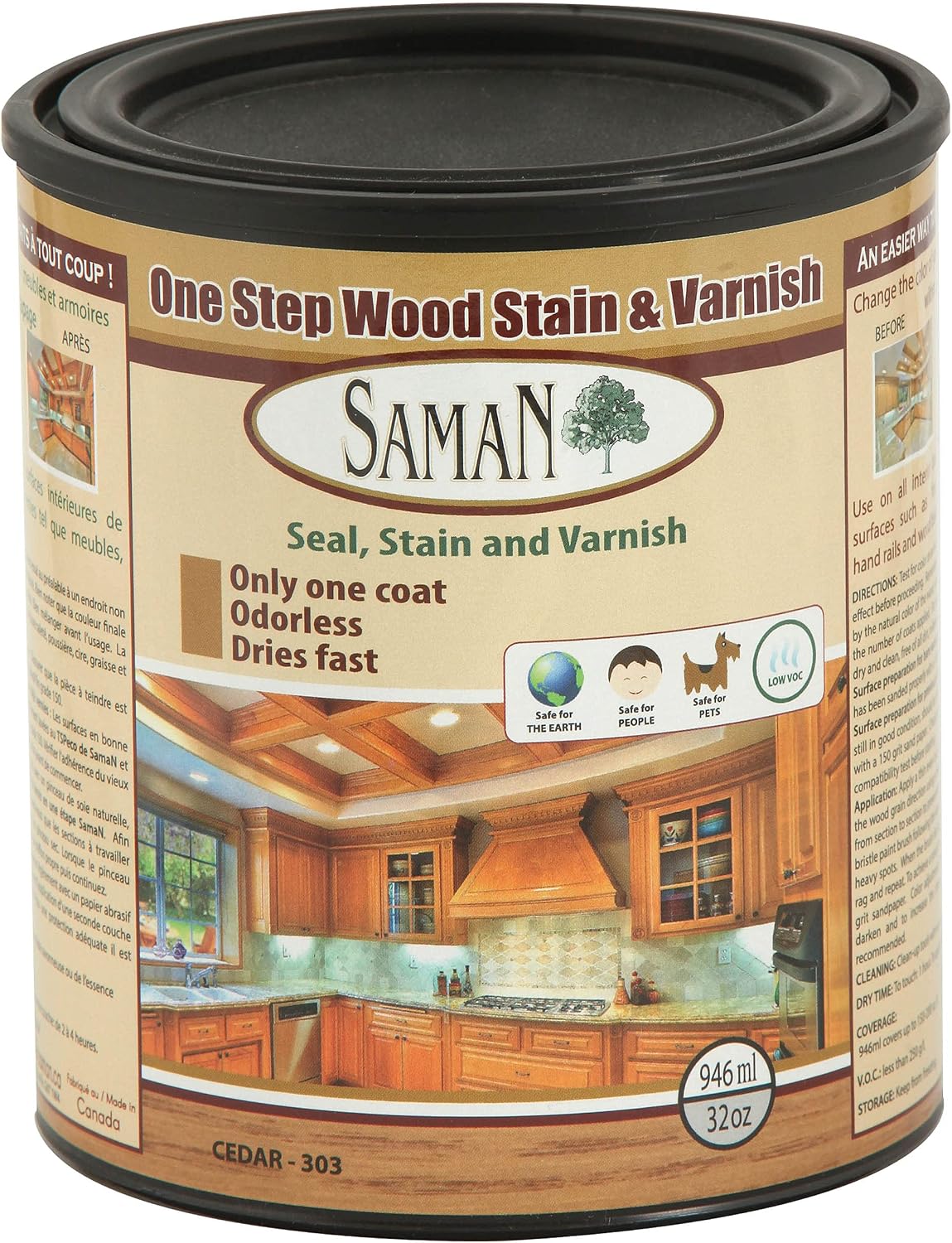 SamaN Interior One Step Wood Seal, Stain and Varnish – Oil Based Odorless Dye - Protection for Furniture and Fine Wood (Cedar SAM-303, 8 oz)