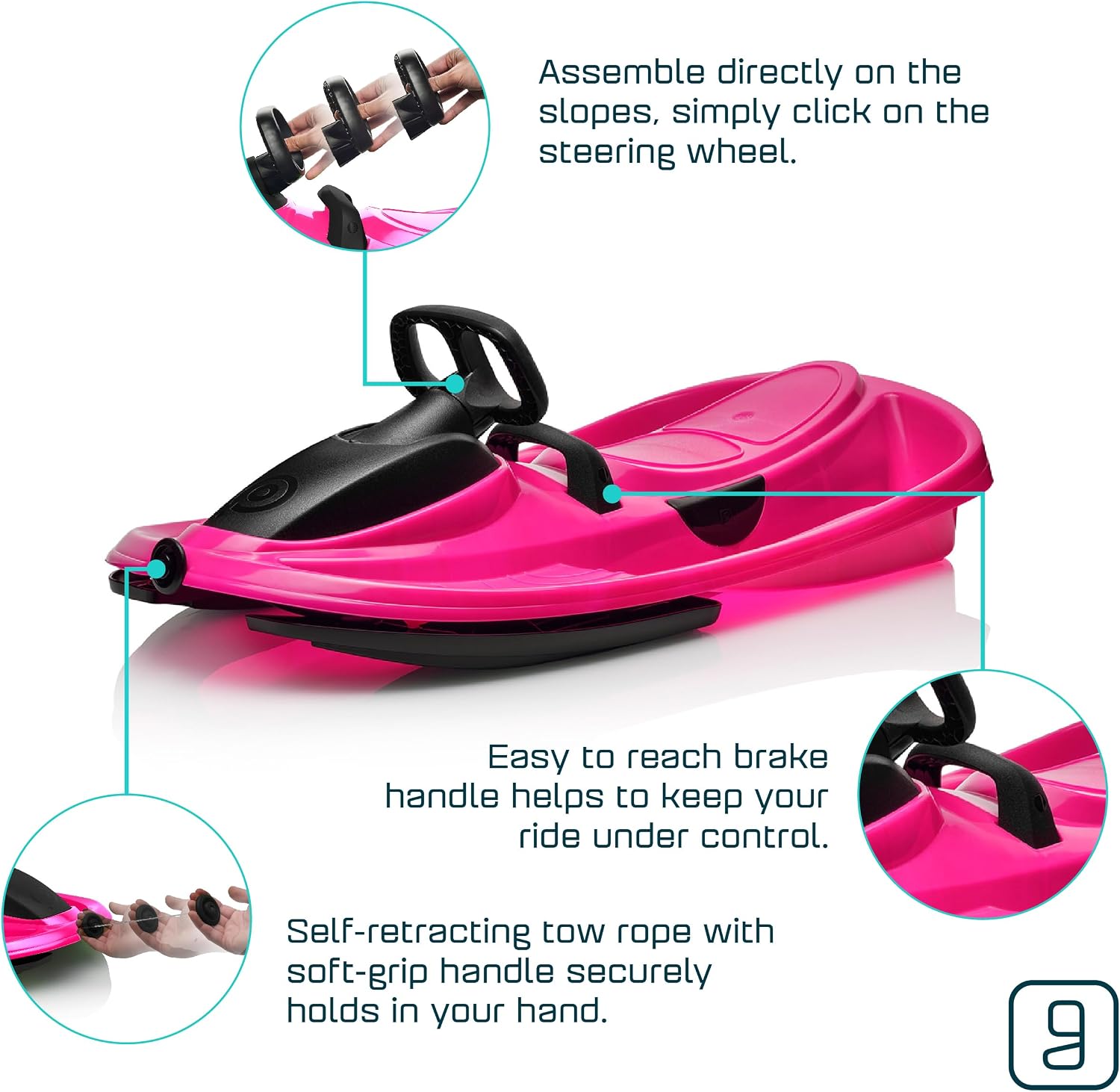 Snow Sled for Kids, Adults - Toboggan Sled, Easy Turning Steering Wheel, Anti-Slip Seat, Pull Up Brake, Durable Plastic Sled, Lightweight, Snow Sleds