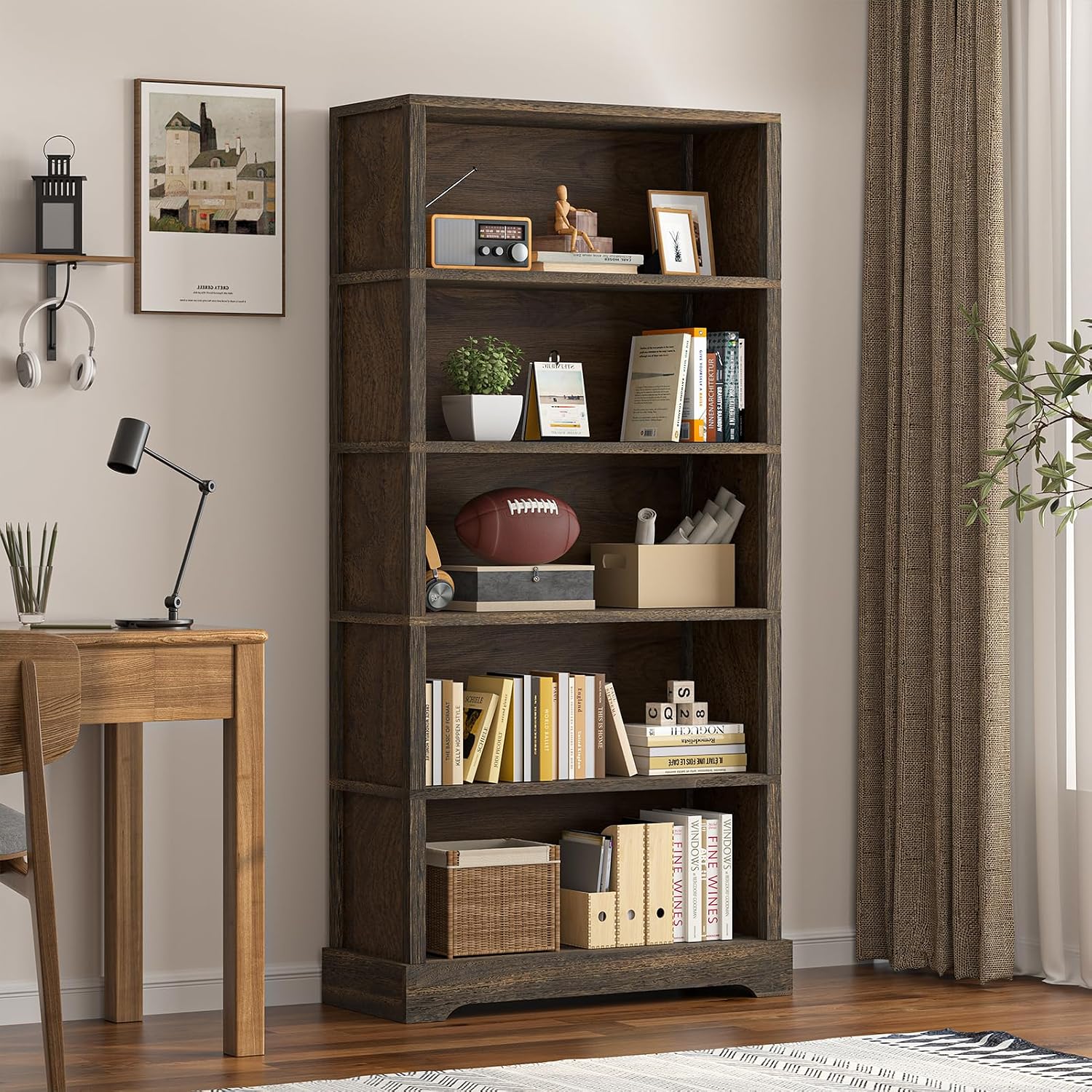 TVU 5 Tiers Wooden Bookshelf, 65.2" Tall Farmhouse Style Open Bookcase, 31.5" Wide Standing Book Shelf with Storage for Study Room, Living Room