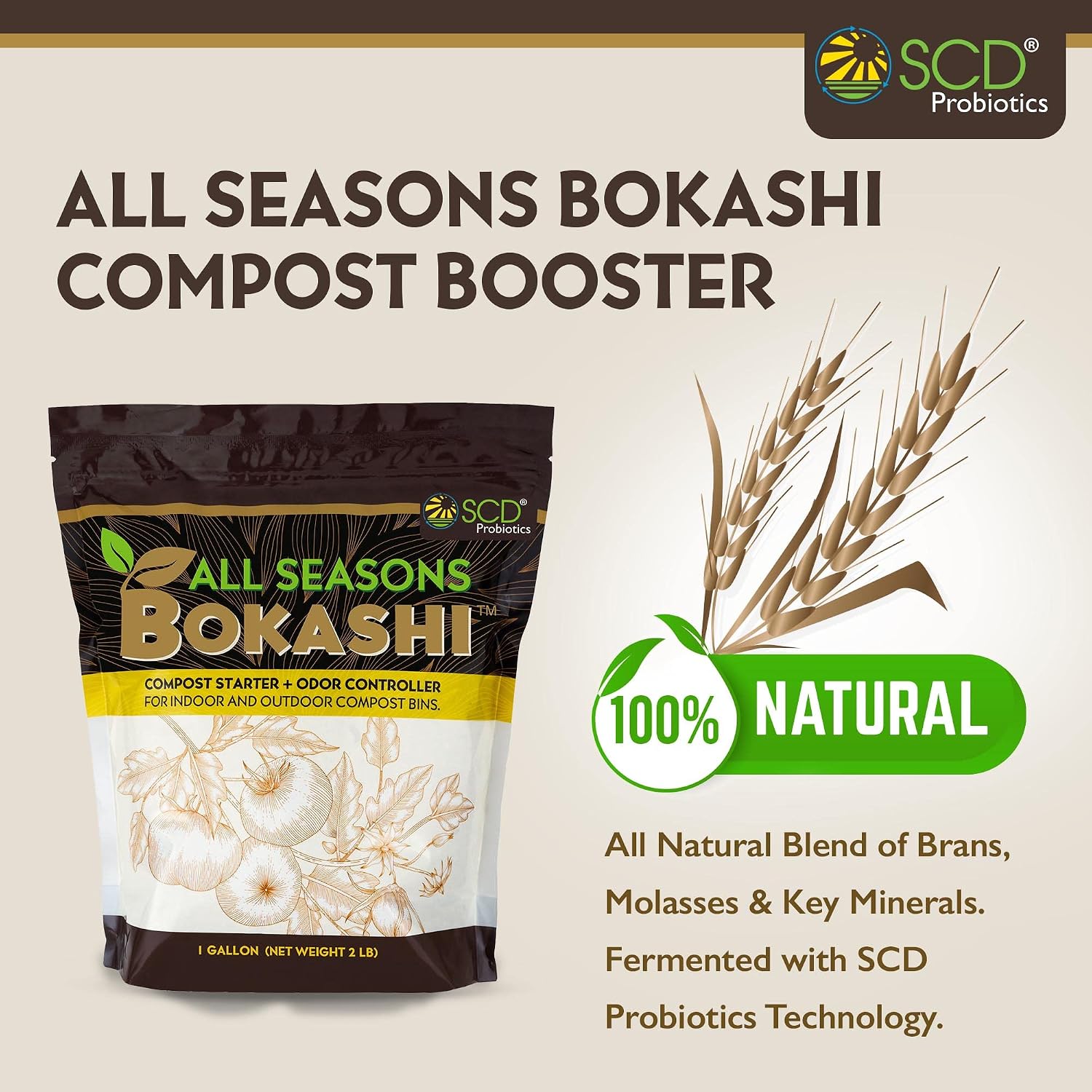 All Seasons Bokashi Compost Starter 2 lbs (1 Gallon) - Dry Bokashi Bran for Kitchen Compost Bin, Compost Food Pet Waste Quickly & Easily with Low Odor by SCD Probiotics | Fermented Wheat Bran, Reduces Odor, Absorbs Moisture, Compost Accelerator, For Kitc…