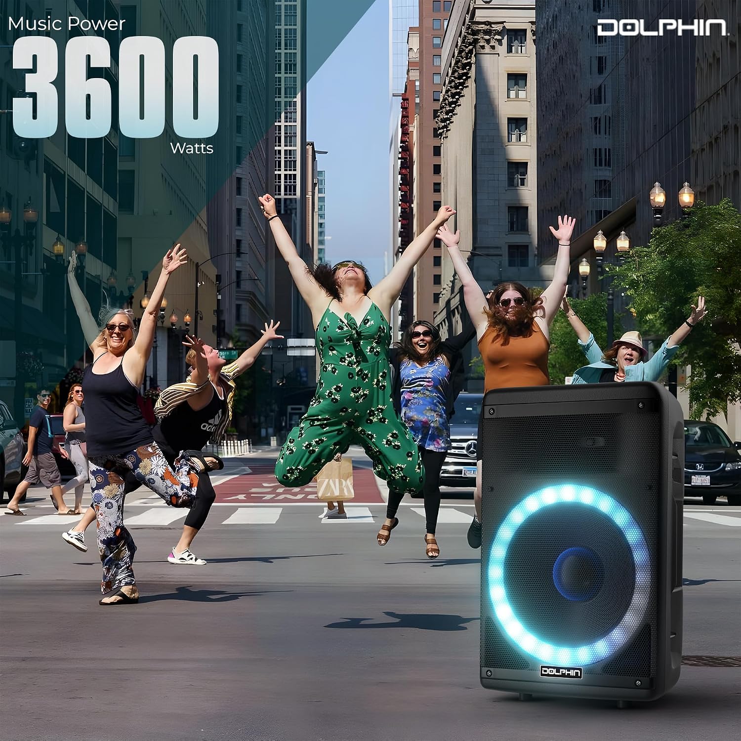 Dolphin Bluetooth Party Speaker with Wired Microphone, 15" Woofer | 3600W Output, WaveSync Pairing, LED Lights, USB, SD, TF & AUX Inputs