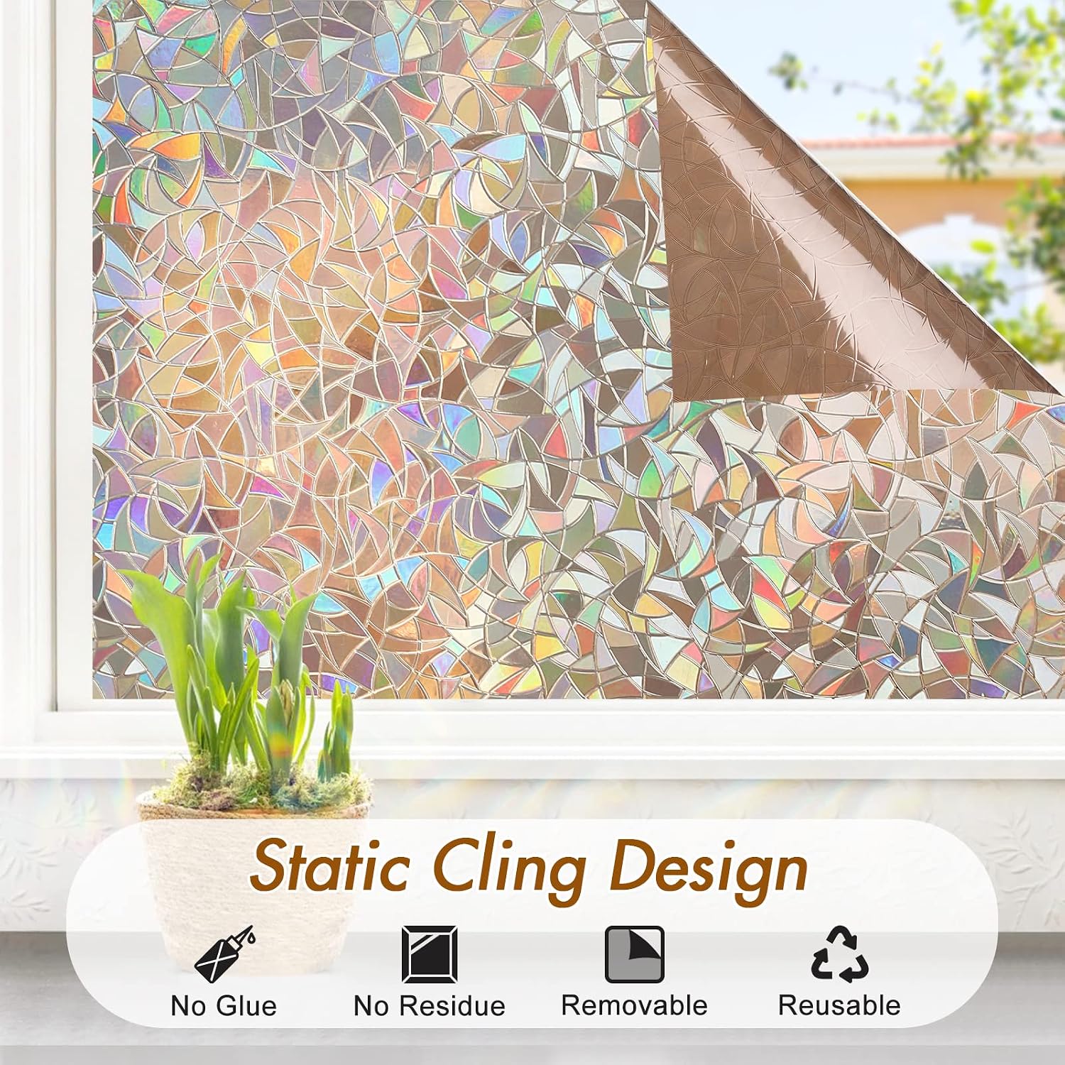 Haton Window Privacy Film, Stained Glass Rainbow Film, 17.5" x 78.7"