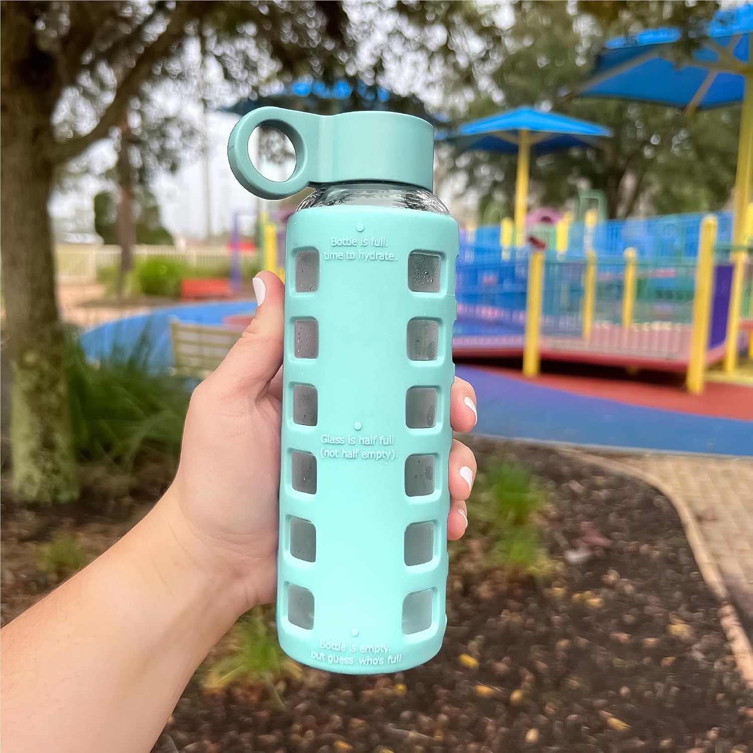 purifyou 40oz / 32oz / 22oz / 12oz Borosilicate Glass Water Bottle with Time & Volume Markers, Silicone Sleeve