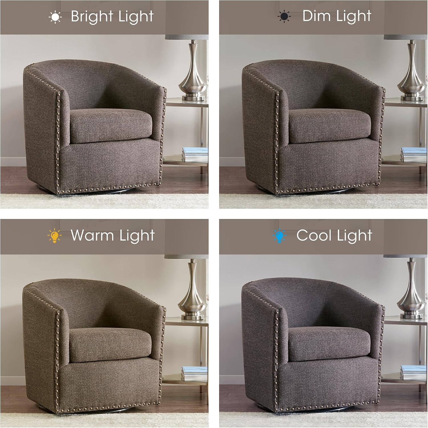 Madison Park Swivel Barrel Accent Chair, Upholstered Curved Back with 7-Inch Thick Woven Cushion, 360° Swivel, Nailhead Trim, Comfy Chair for Living Room, Bedroom, Office, 28" Wide, Neutral, Tyler
