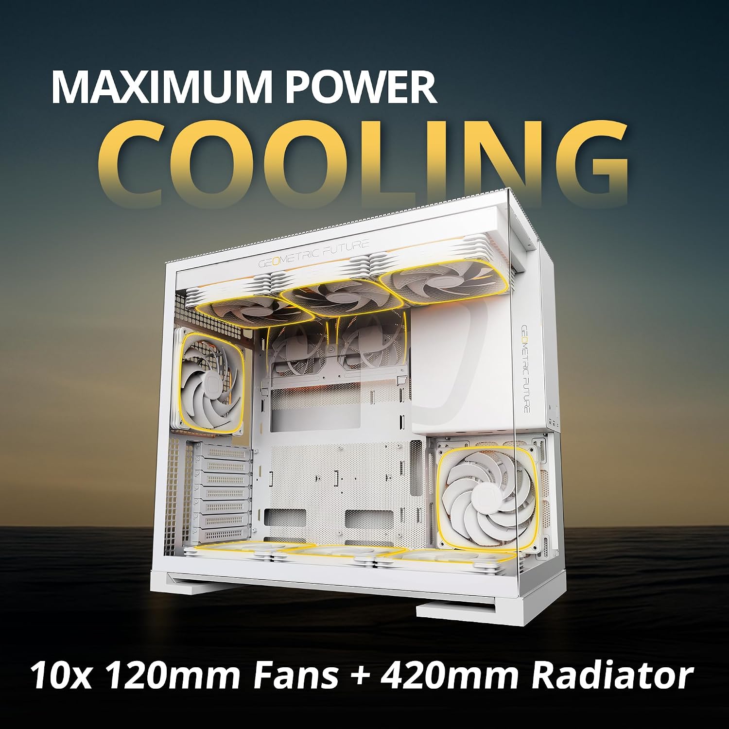 Geometric Future M5 Tempered Glass Mid Tower, E-ATX/ATX Gaming Case, 1.2mm Steel, Type C, Toolless Panels, Support 420/360 Radiator, ARGB PWM 140m Fan x 5 Pre-Installed, Black/Yellow, GEO-M5F-BY